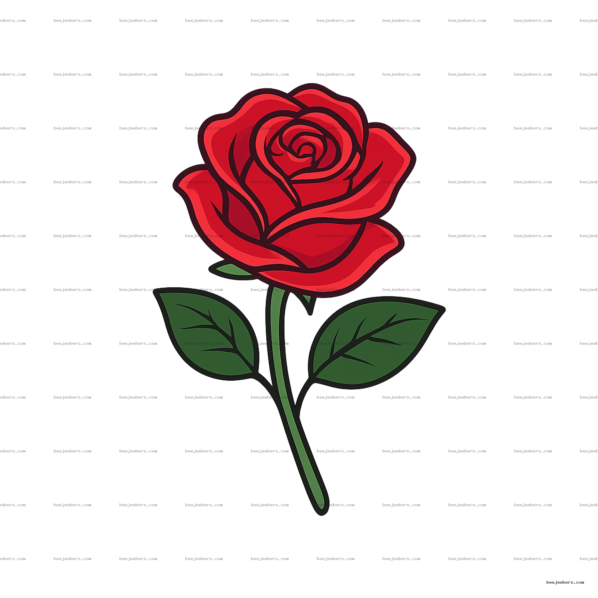 Clean vector illustration of a red rose flower with green leaves on transparent background