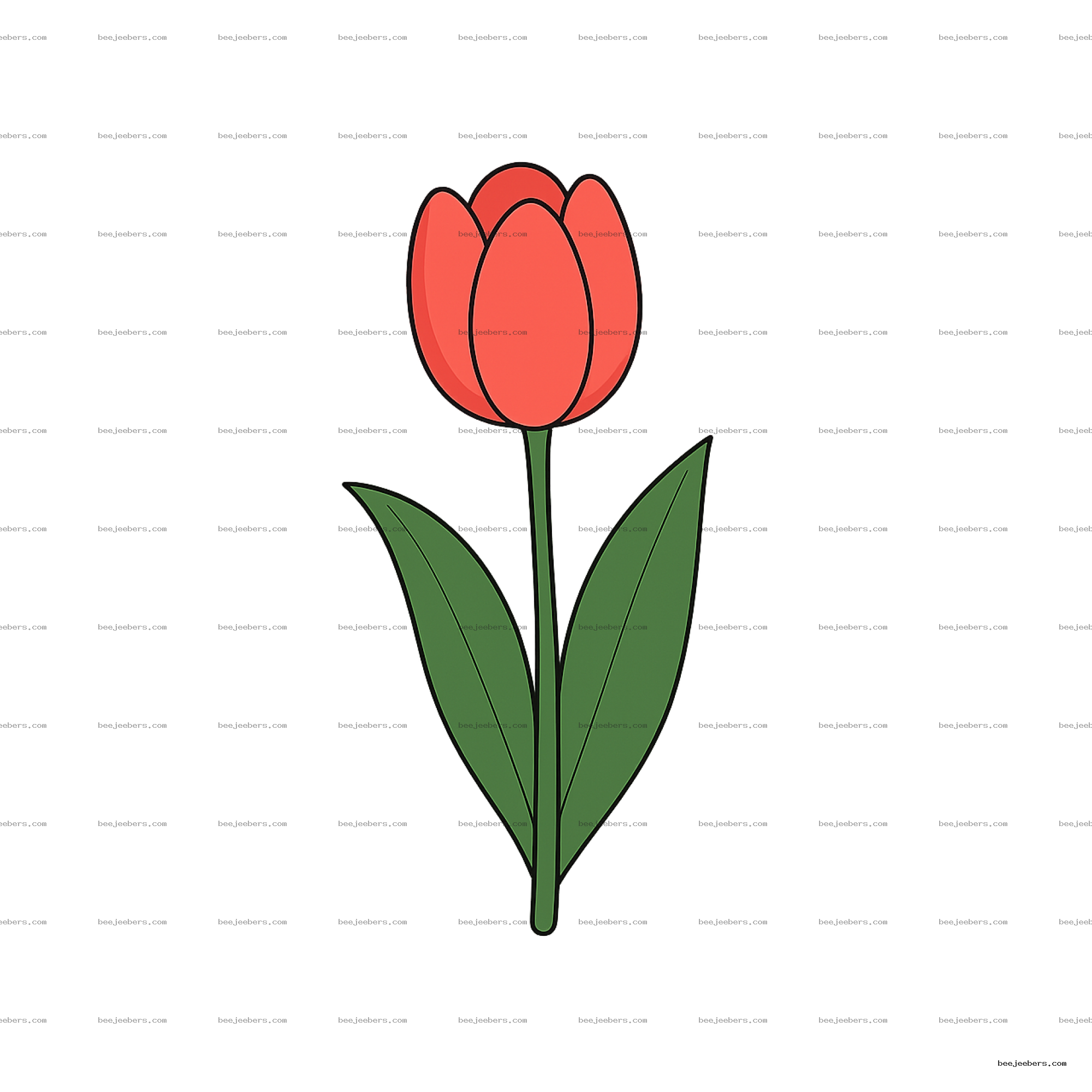Clean vector graphic of a red tulip flower with green leaves on transparent background