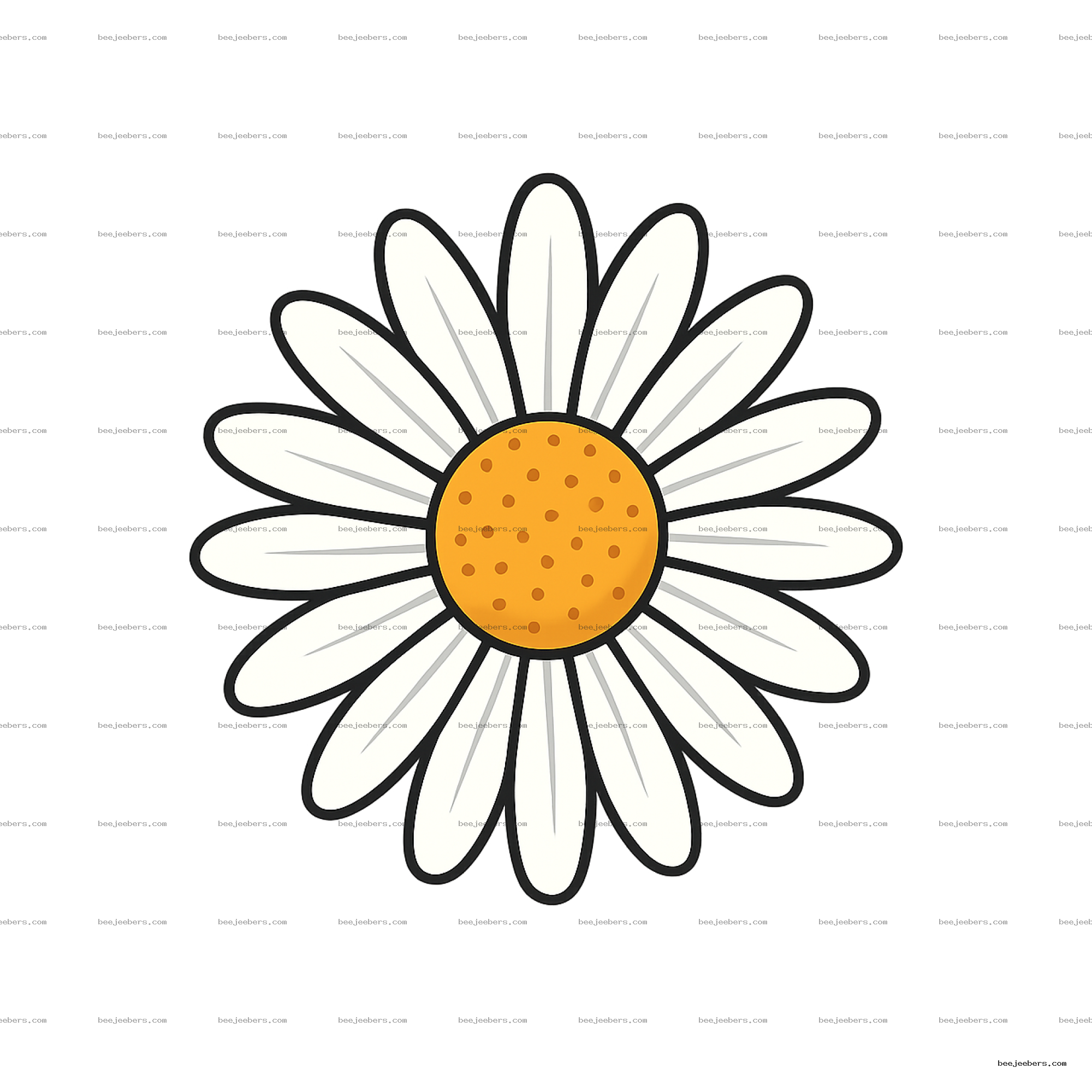 Clean vector daisy flower with white petals and orange center on transparent background