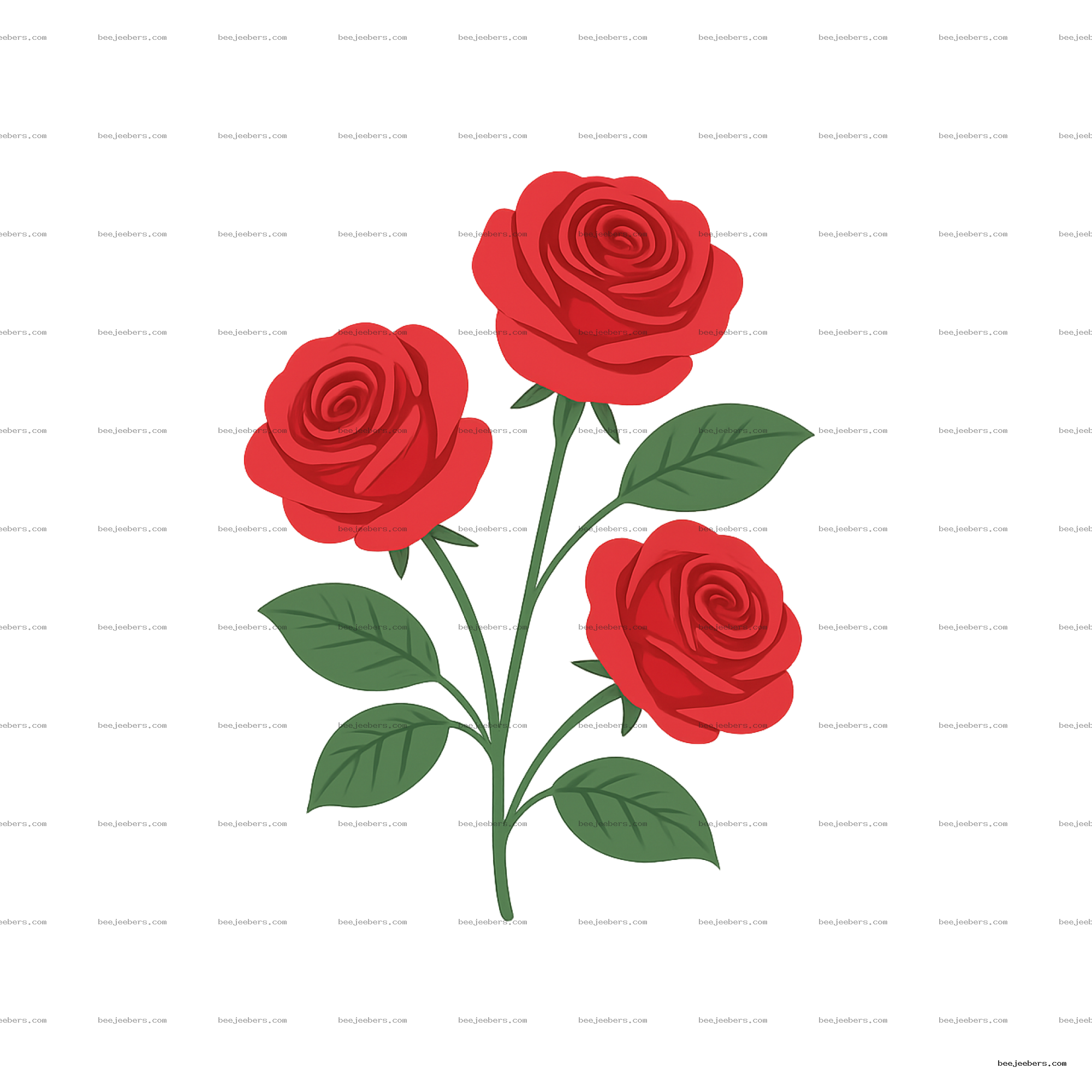 Vector illustration of three red roses with green leaves on transparent background