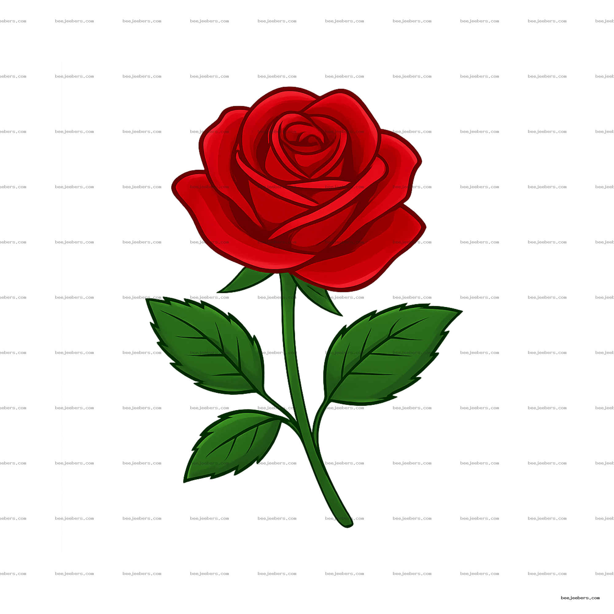 Clean vector red rose flower with green stem and leaves on transparent background