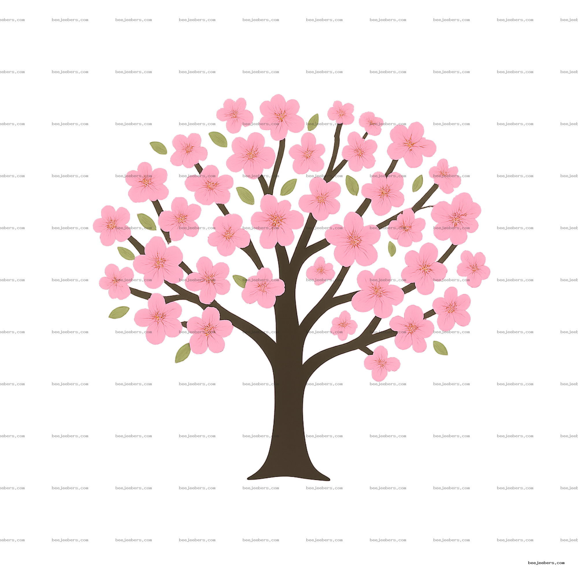 Vector illustration of a sakura tree with pink cherry blossoms and green leaves on transparent background