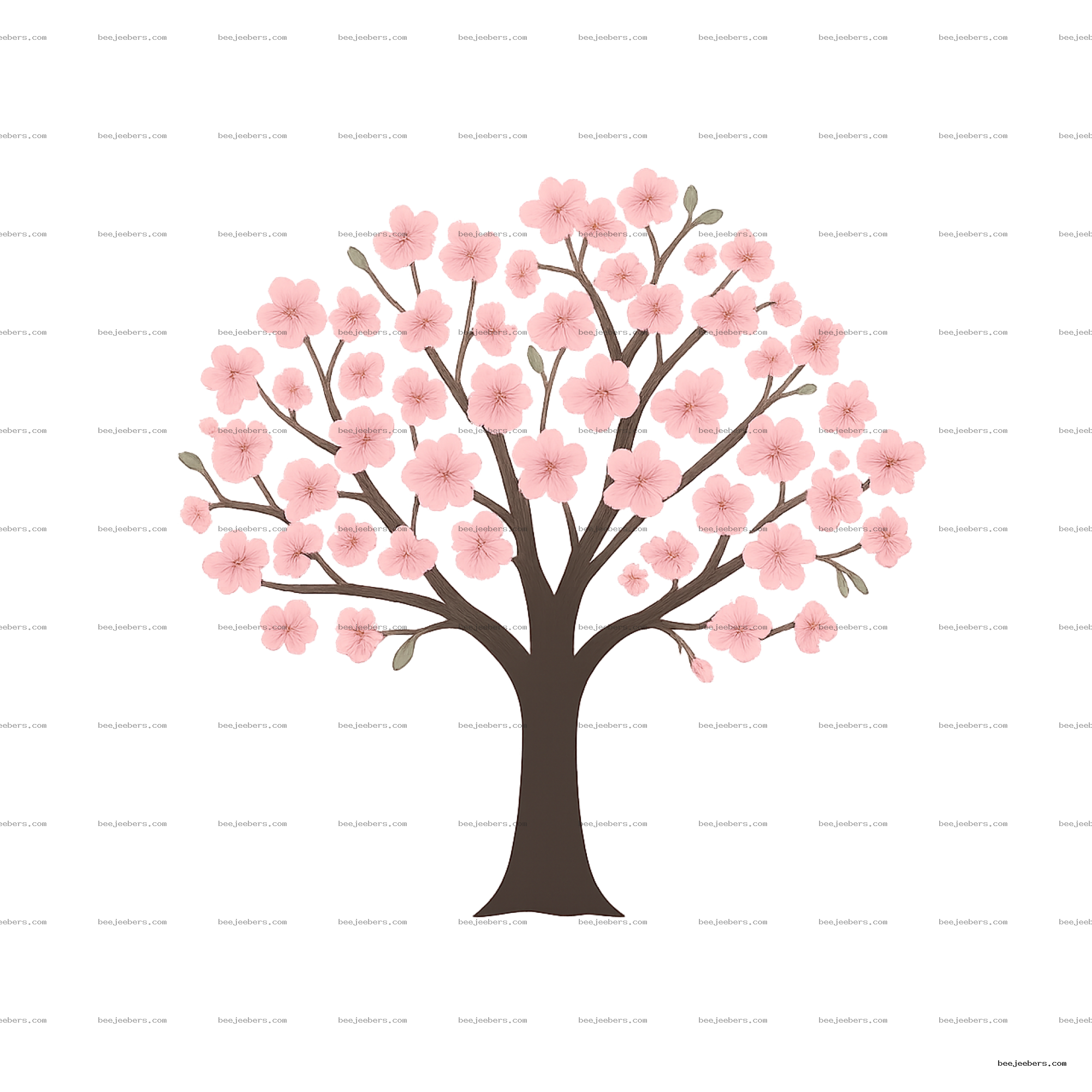 Clean vector cherry blossom tree with pink flowers and brown branches on transparent background