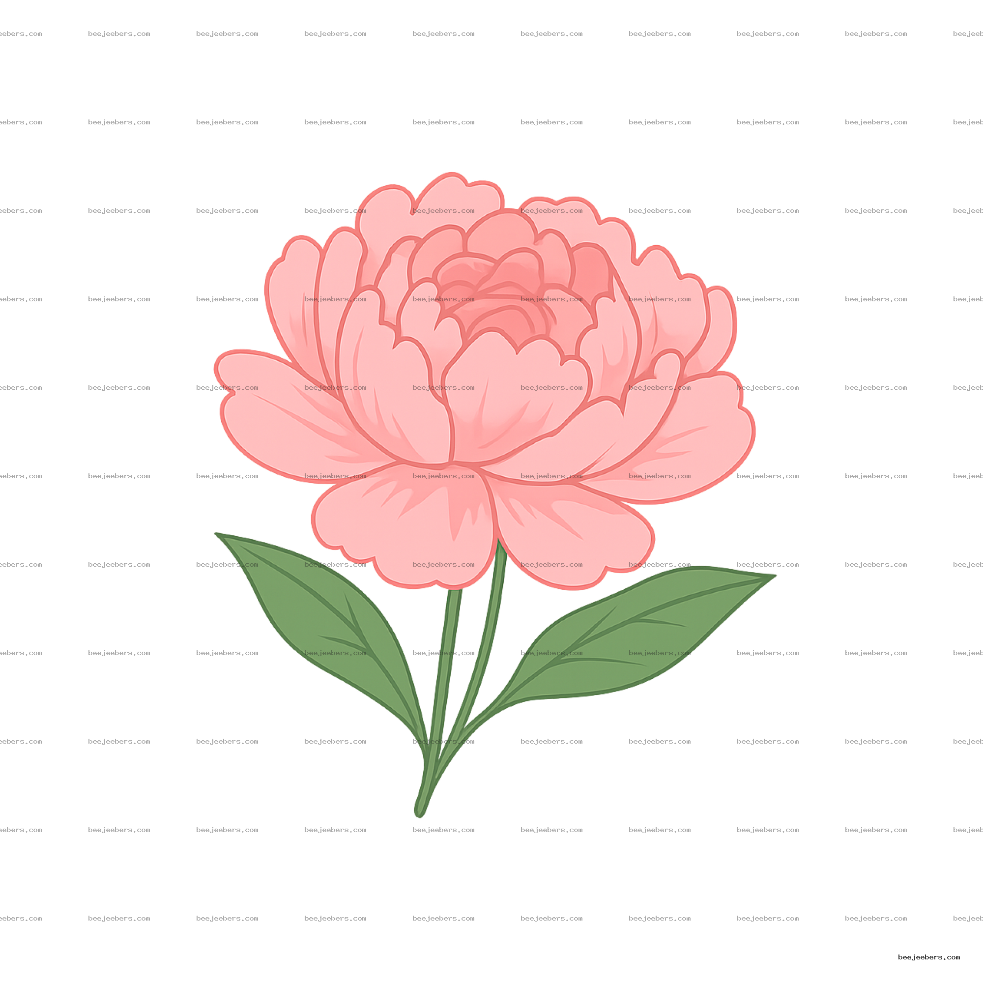 Clean vector pink peony flower with green leaves on transparent background PNG