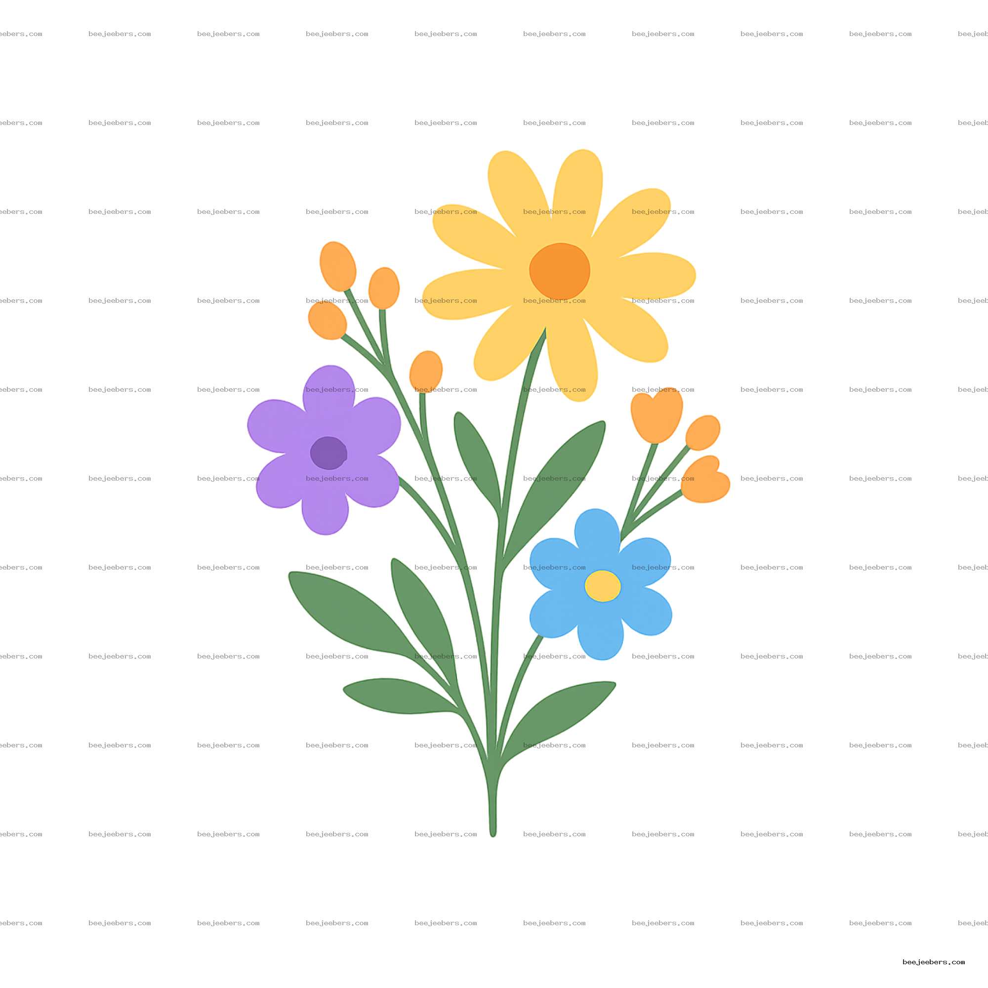Transparent wildflower bouquet PNG with yellow, purple, blue, and orange flowers in vector style