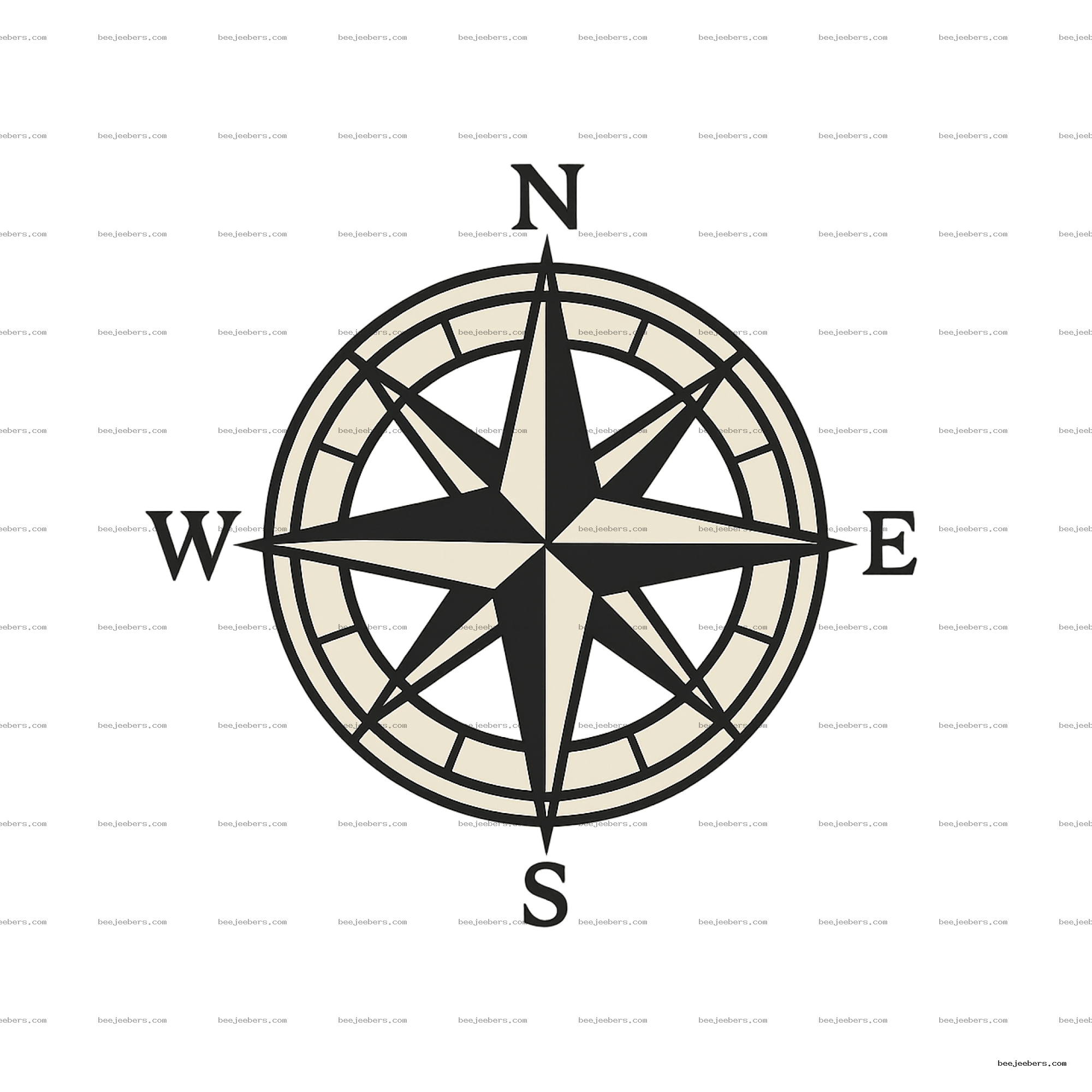 Clean vector compass rose in black and cream with N, E, S, W on transparent background