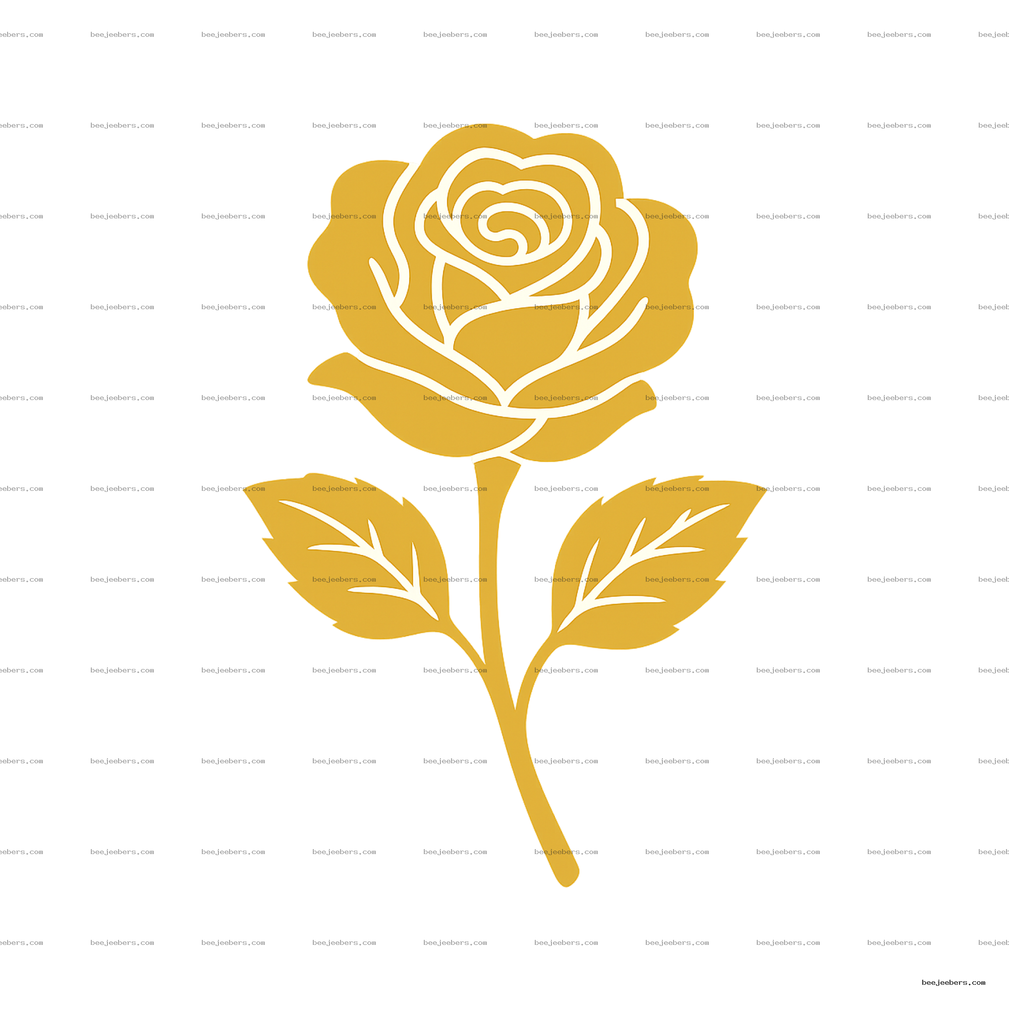 Clean vector gold rose with outlined petals and leaves on transparent background