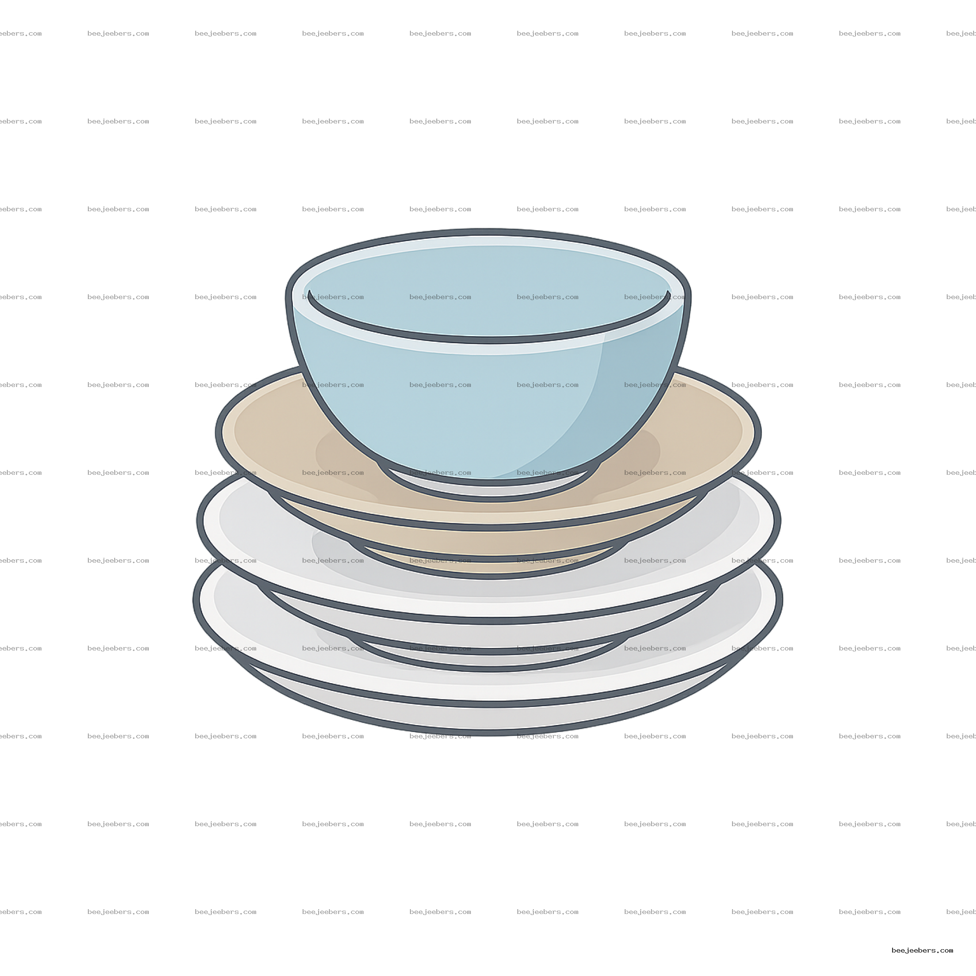 Clean vector illustration of a stack of dishes with a blue bowl and beige and white plates on transparent background