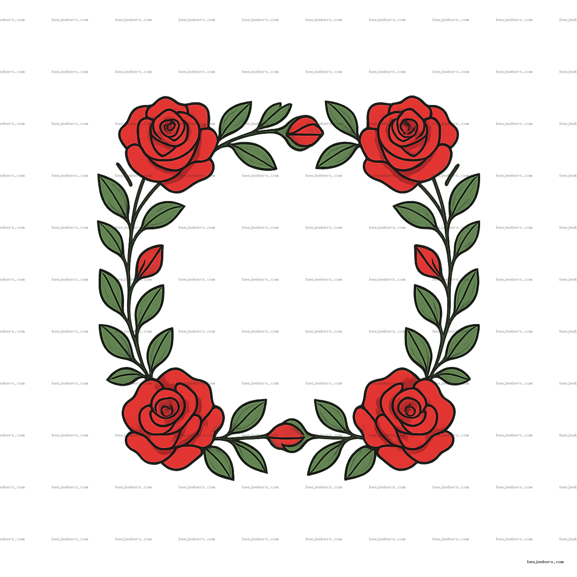 Oval red rose floral border with green leaves and transparent background, clean vector style