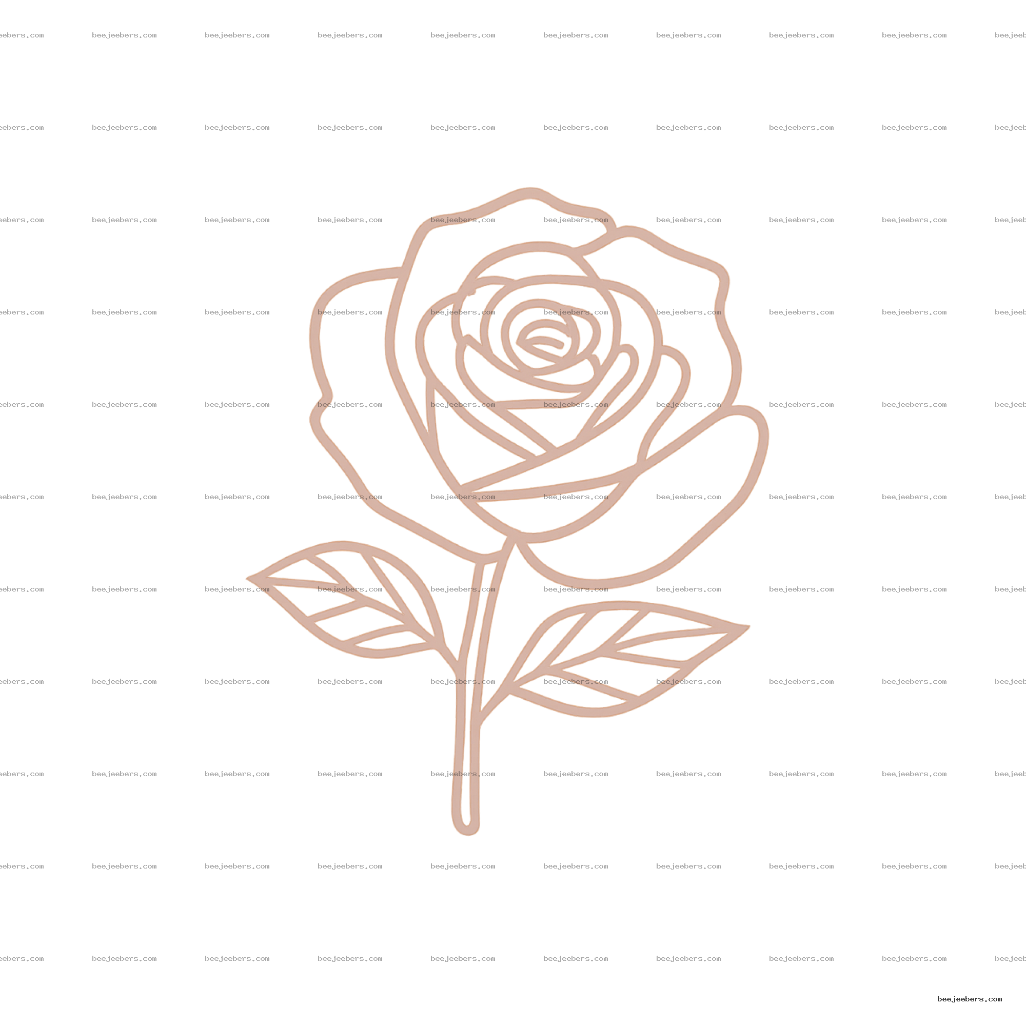 Rose gold outline of a rose flower with two leaves on transparent background
