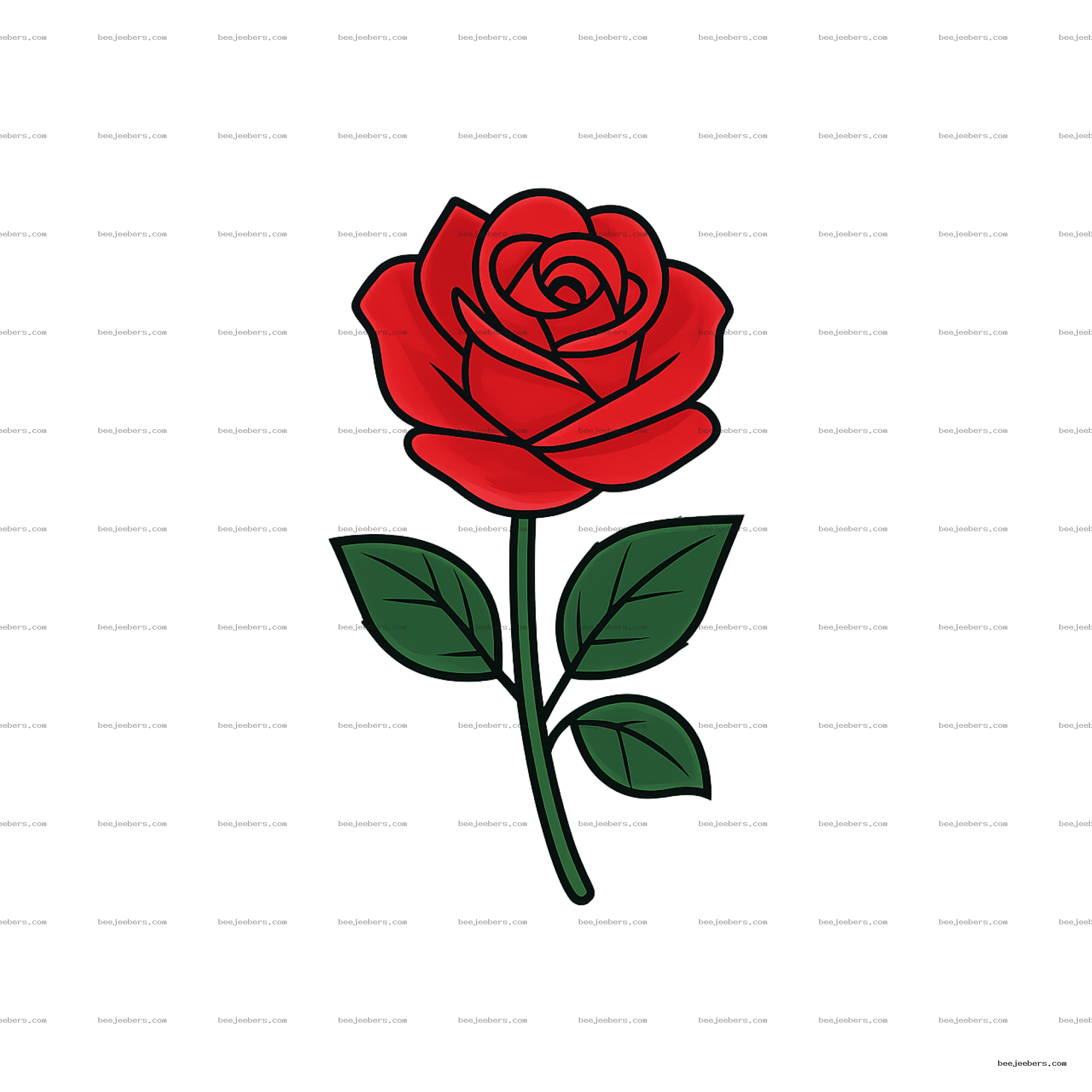 Clean red rose vector PNG with green stem and leaves on transparent background