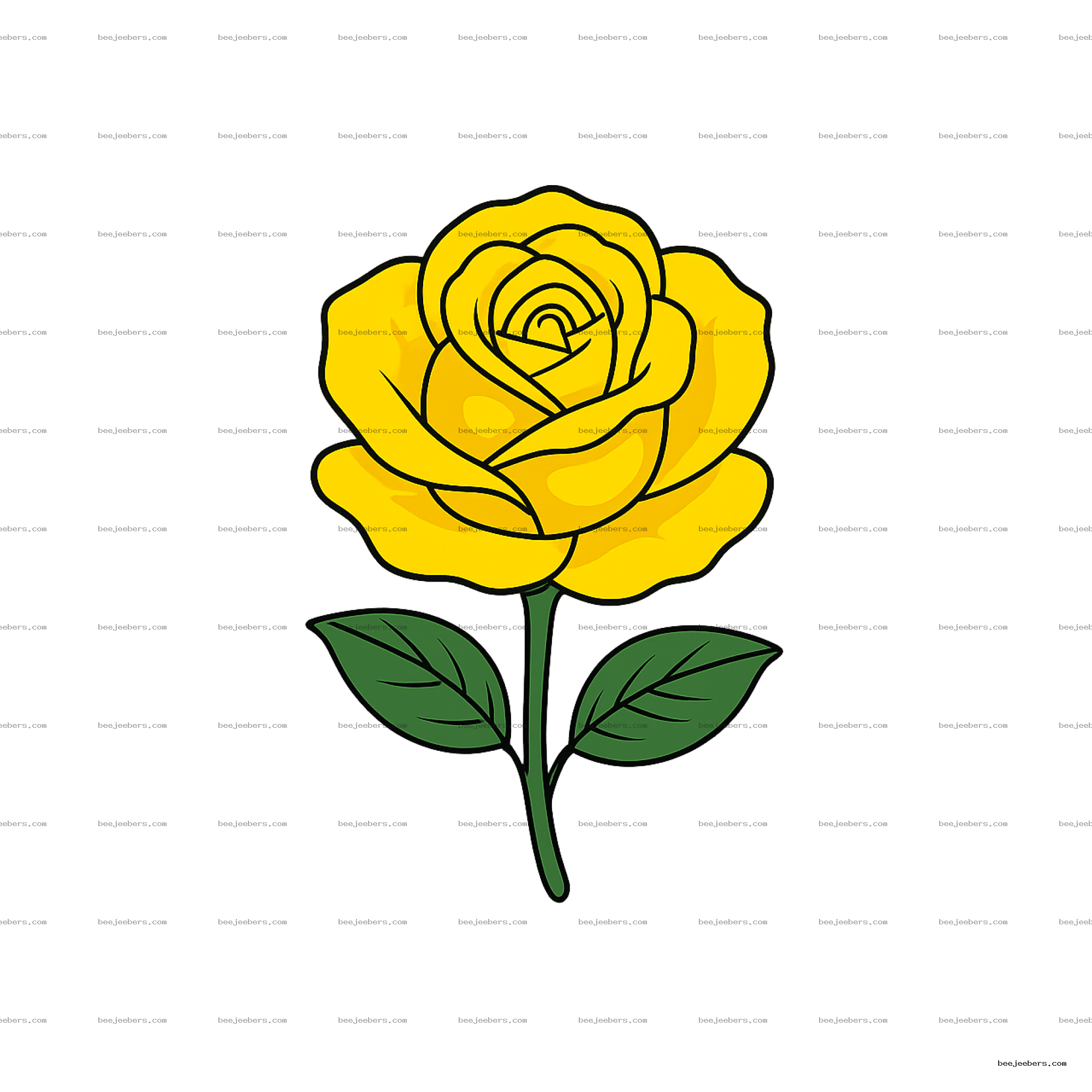 Bright yellow rose flower clipart with green stem and leaves on transparent background