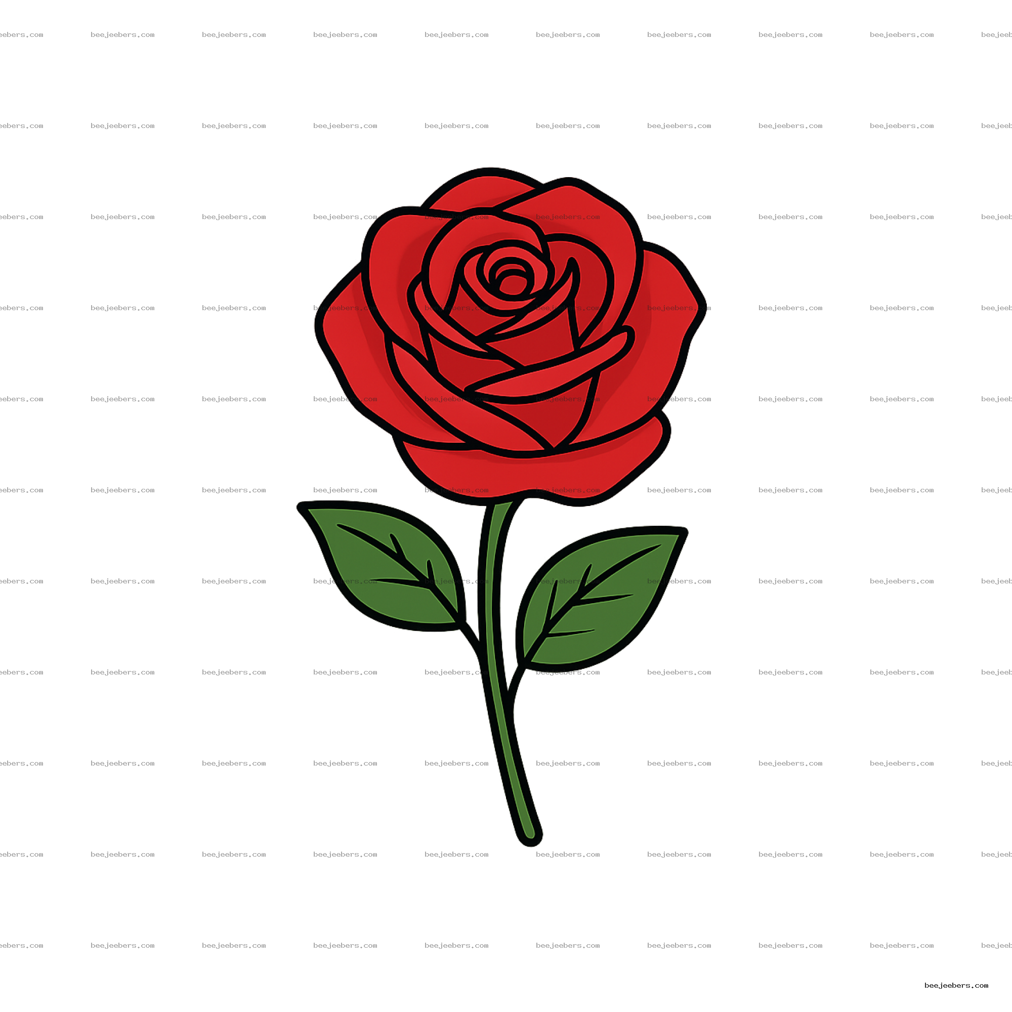 Red rose vector PNG with transparent background, clean lines and bold black outlines