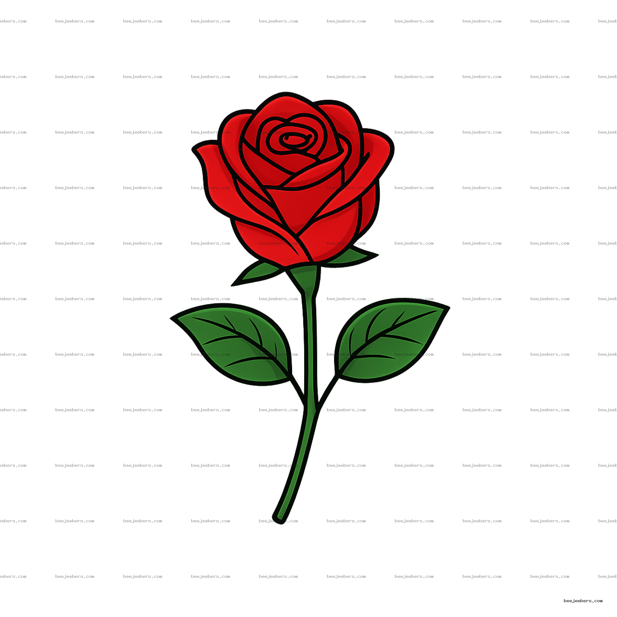 Clean vector illustration of a red rose with green leaves on a transparent background