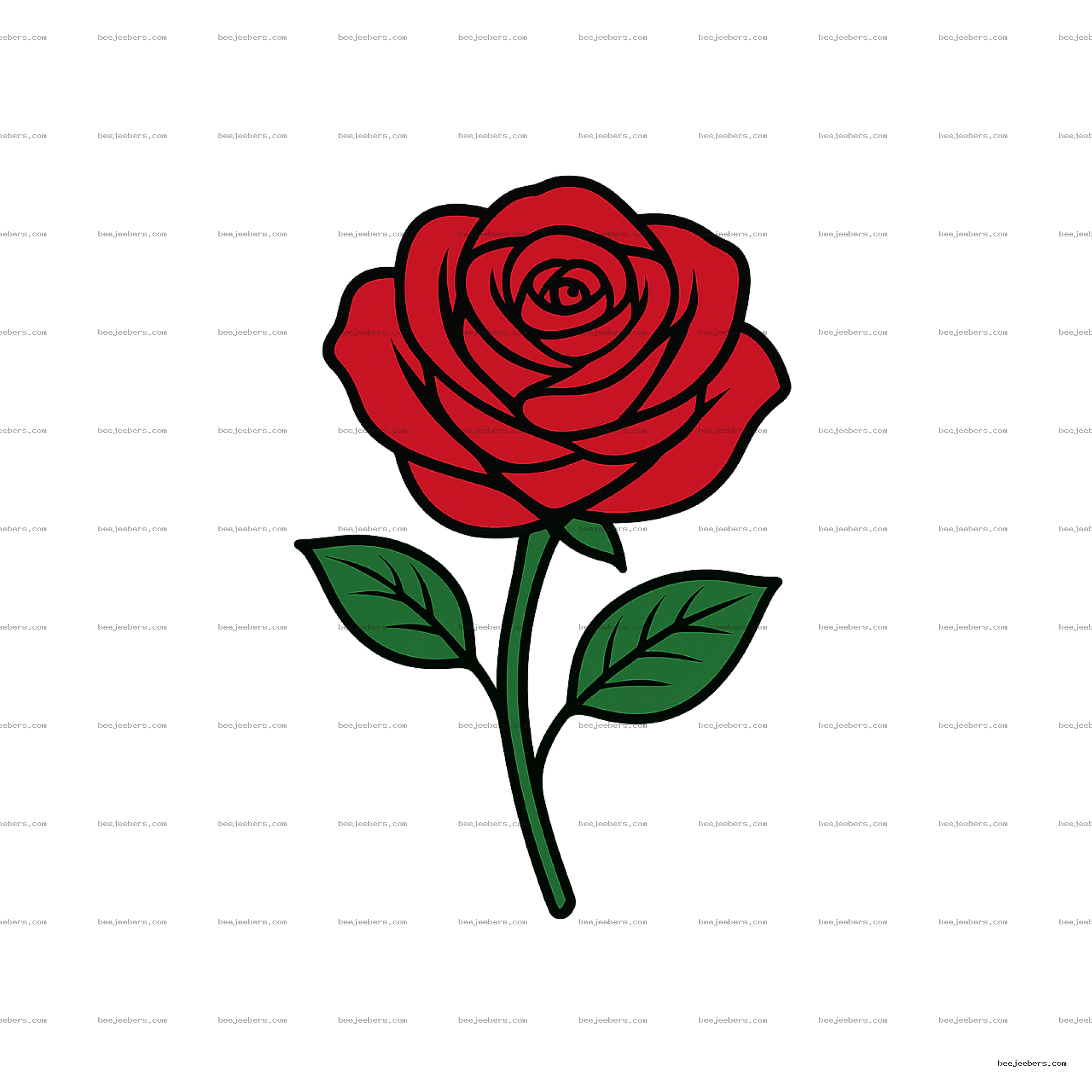 Clean vector illustration of a red rose with green stem and leaves on transparent background