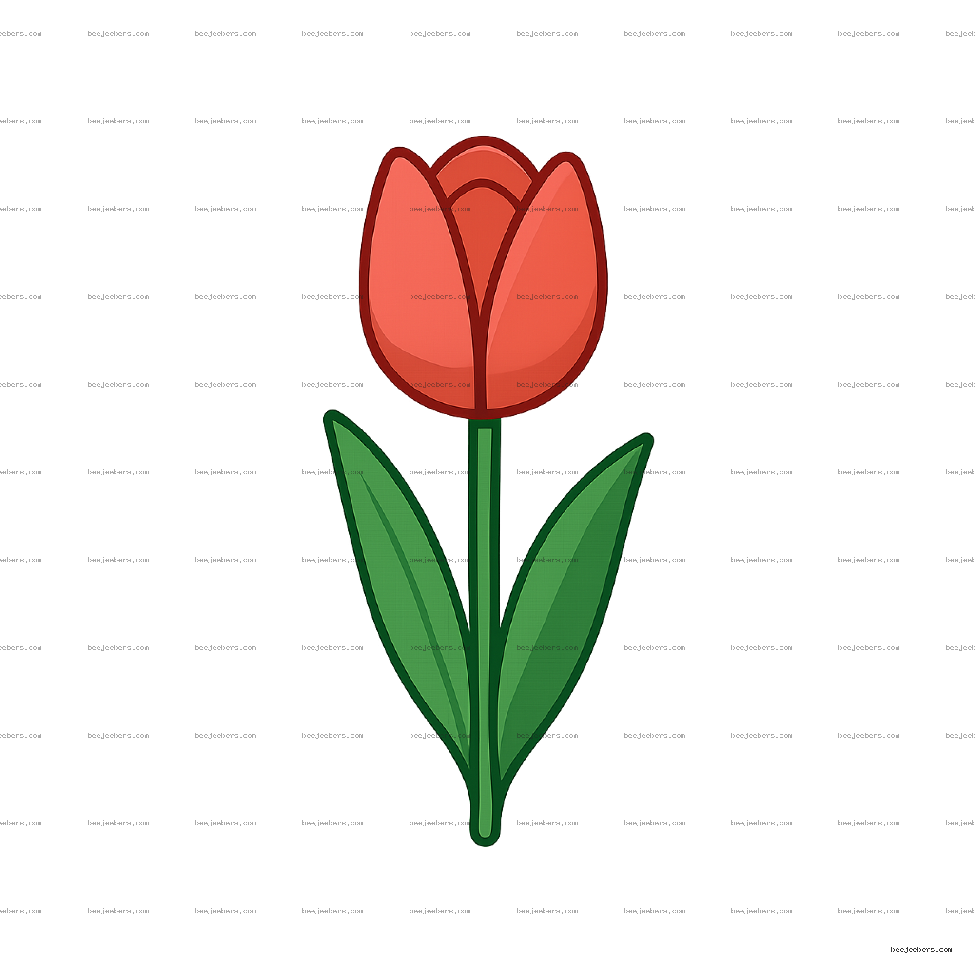 Clean vector illustration of a red tulip flower with green stem and leaves on transparent background