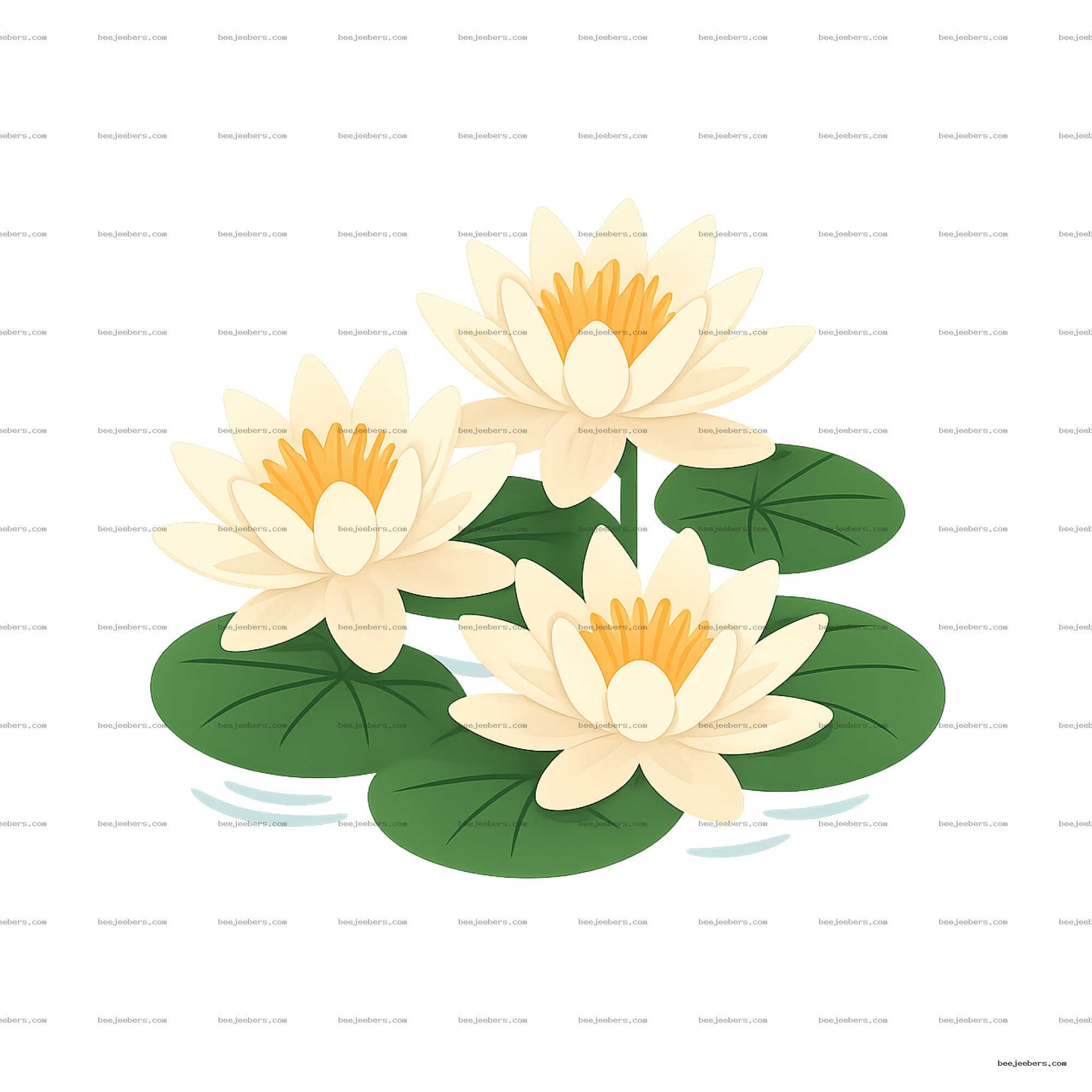 Vector illustration of cream water lilies with orange centers and green lily pads on transparent background