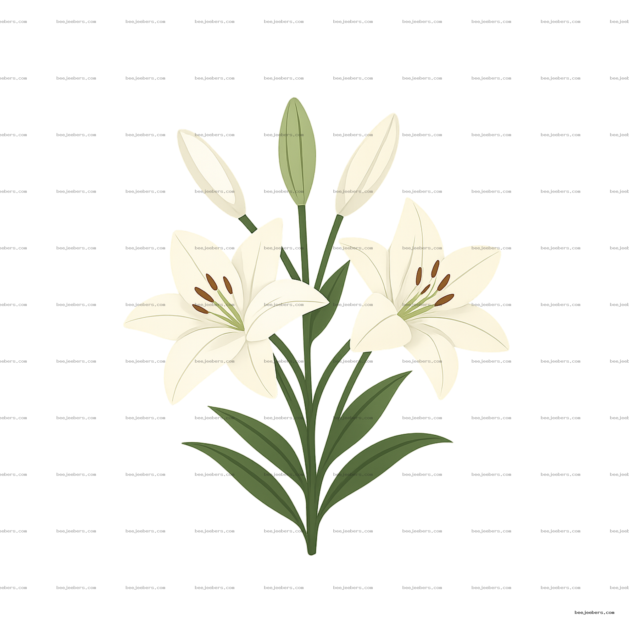 Clean vector illustration of a bouquet of white lilies with green leaves on transparent background