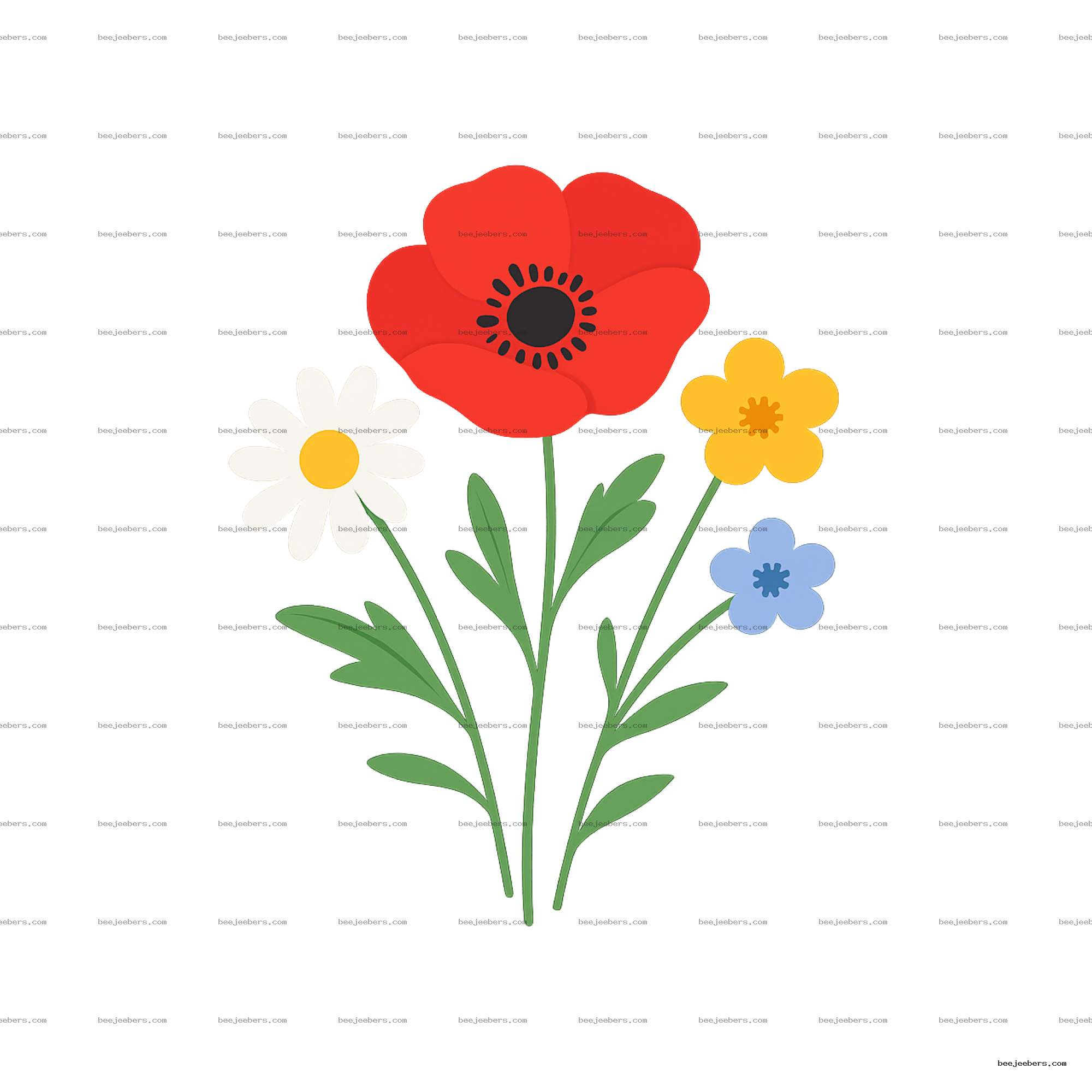 Colorful wild flower PNG bouquet with poppy, daisy, yellow and blue flowers in clean vector style