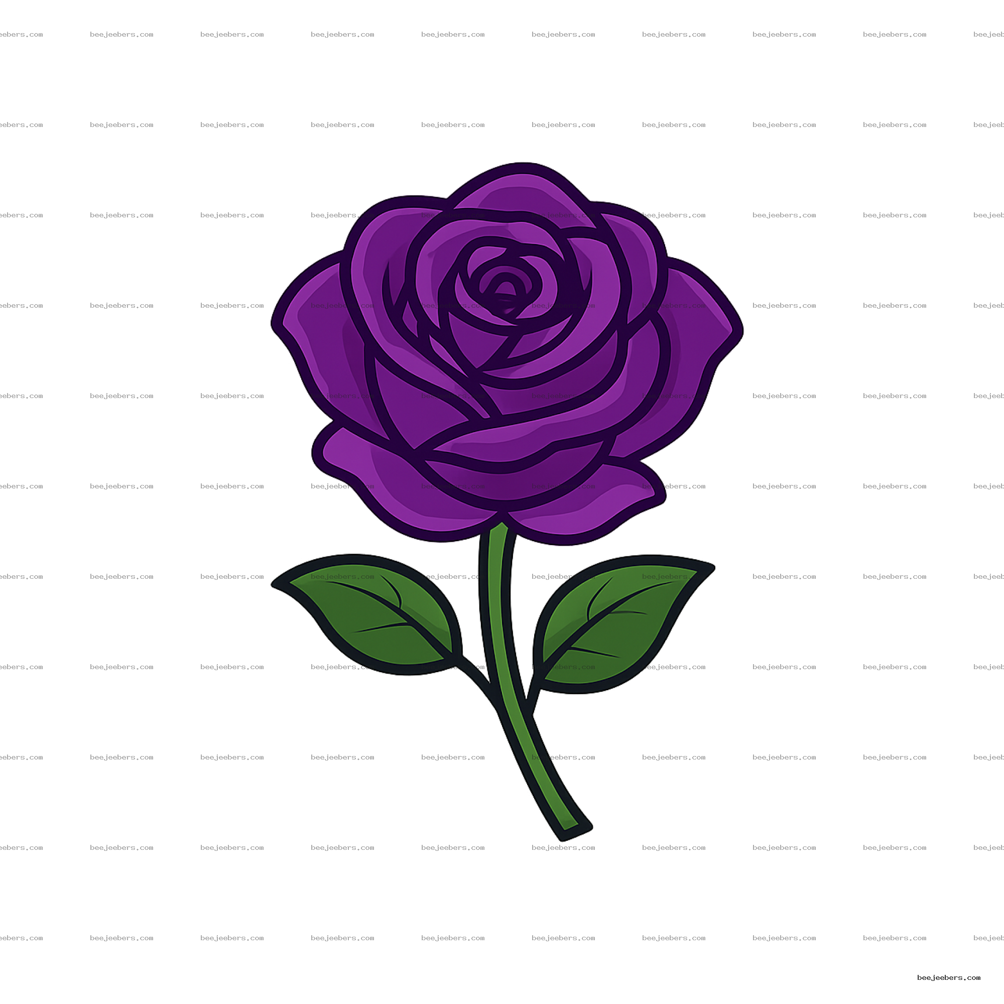 Clean vector illustration of a purple rose with green leaves on a transparent background