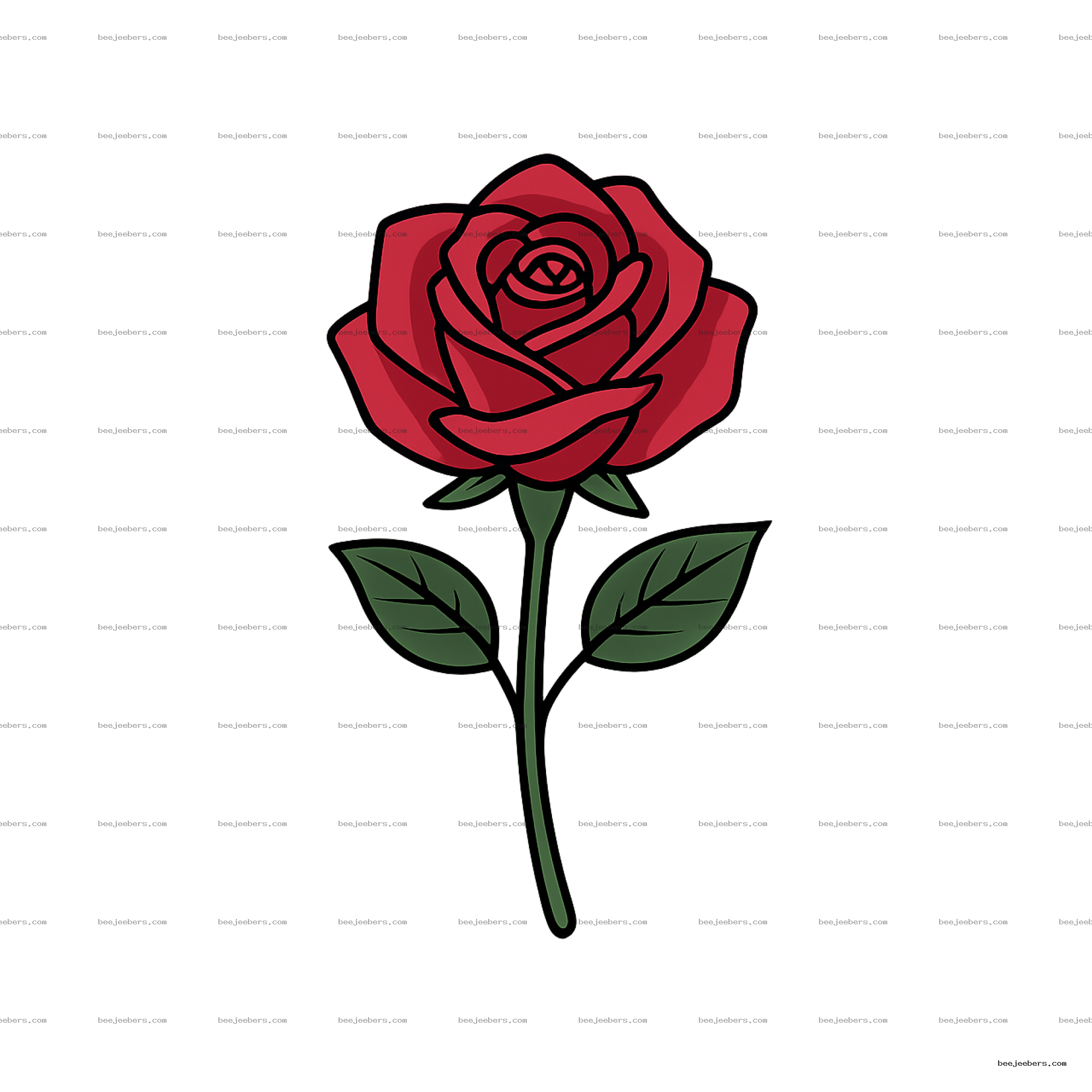 Clean vector illustration of a red rose with green leaves on a transparent background