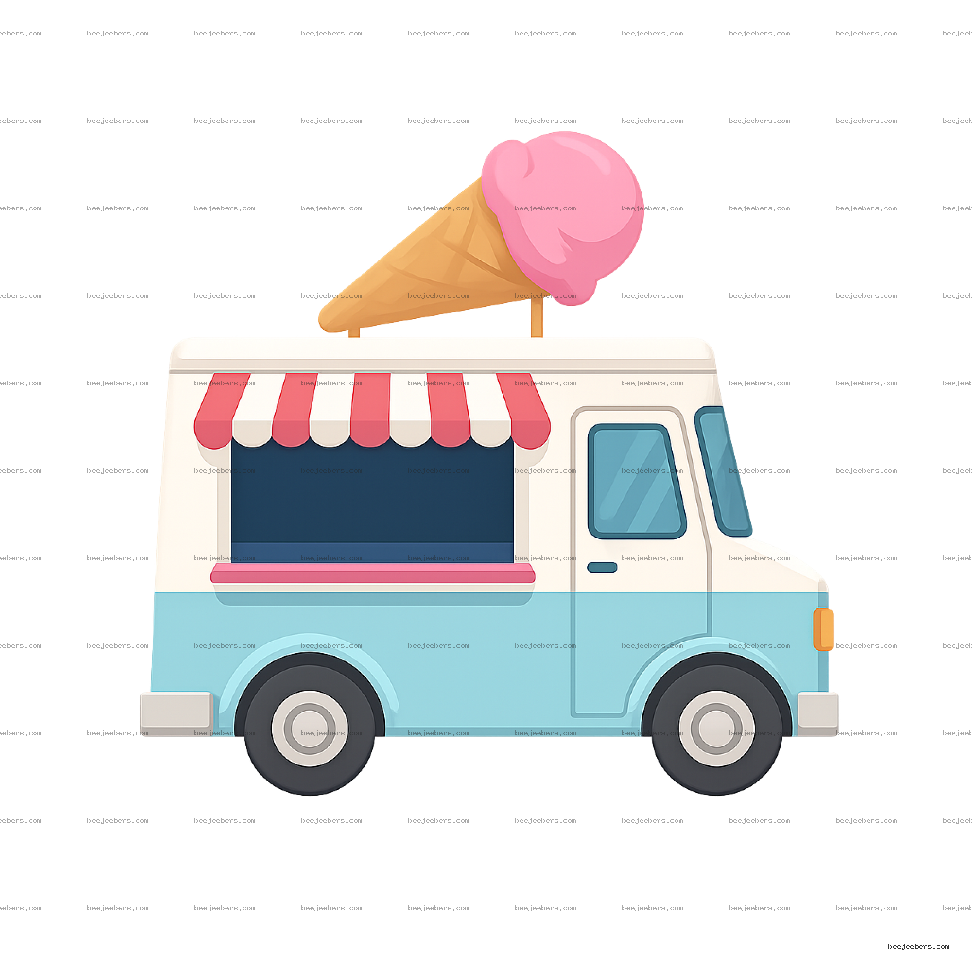 Vector clipart of blue and white ice cream truck with striped awning and large pink ice cream cone on top