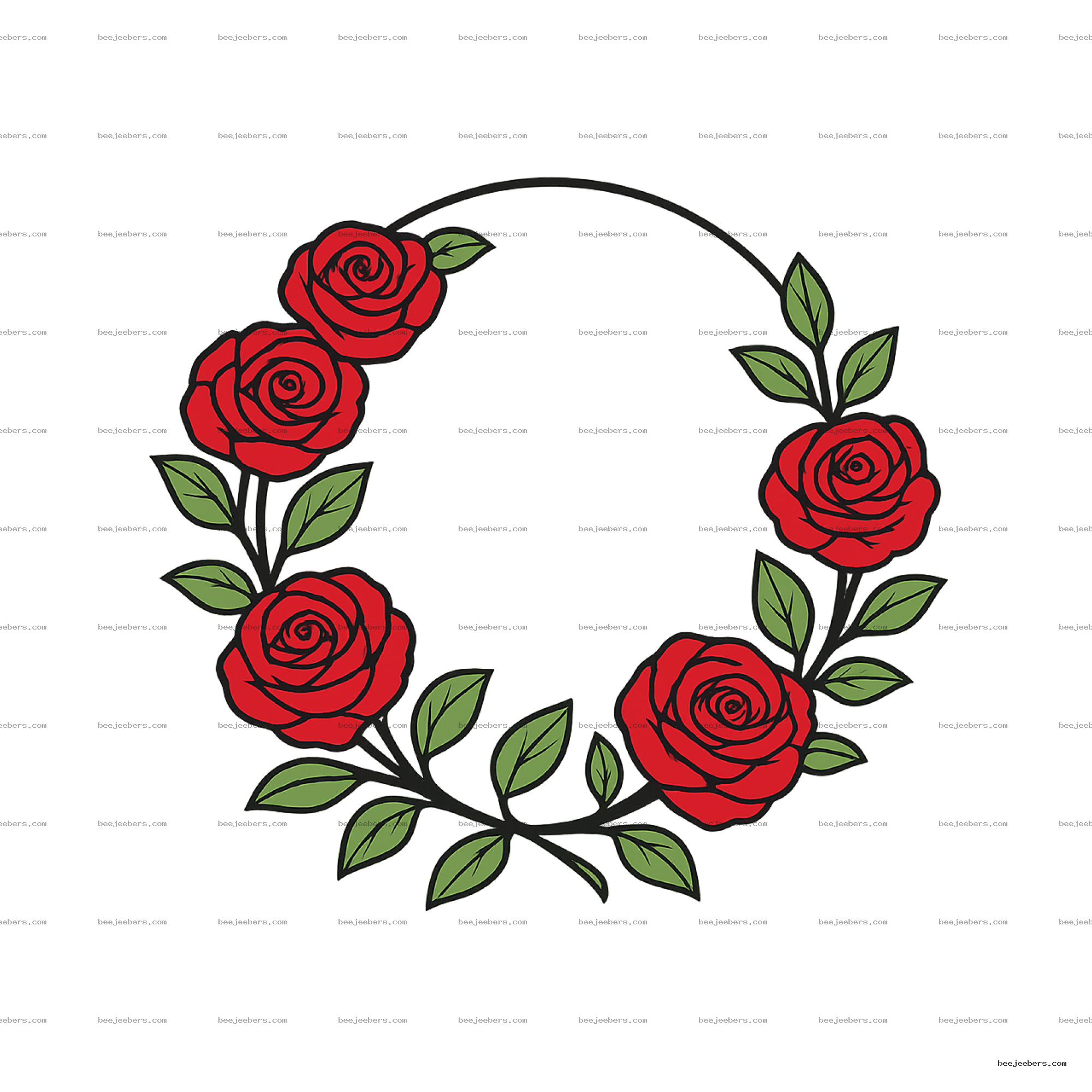 Circular frame of red roses and green leaves with transparent background in clean vector style