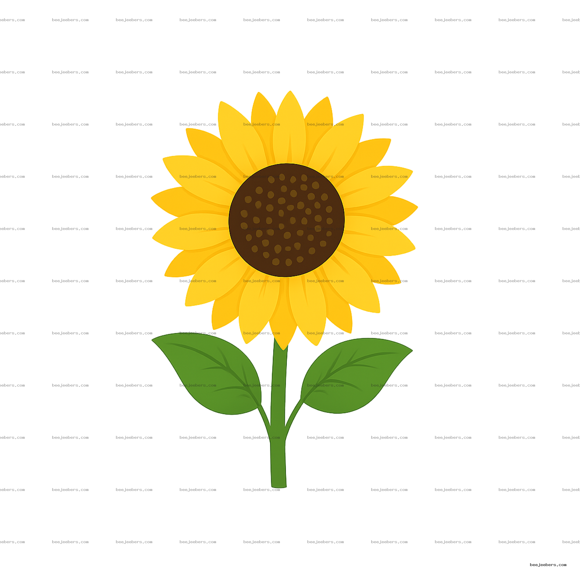 Illustration of a bright yellow sunflower with brown center and green leaves on transparent background