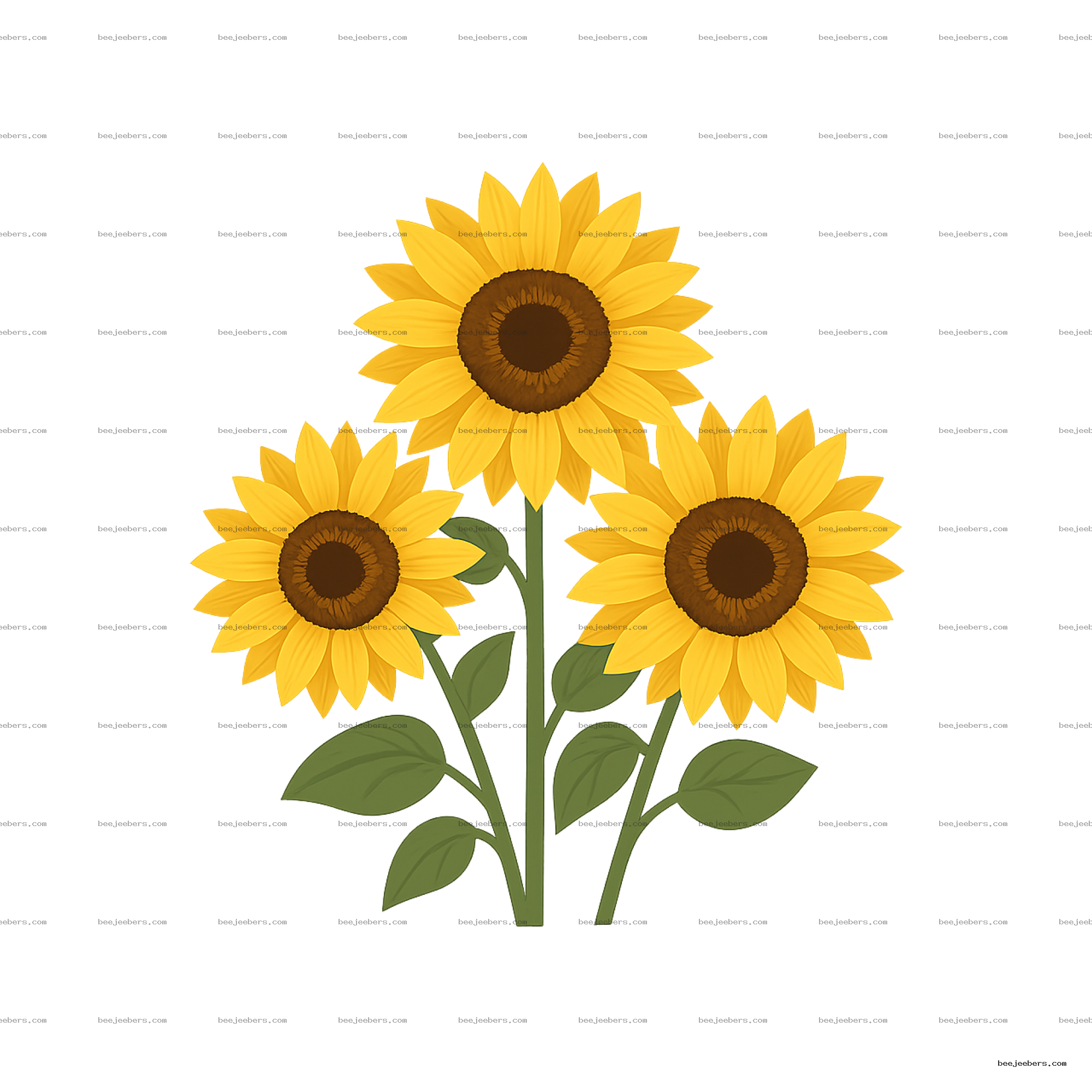 Clean vector illustration of three bright yellow sunflowers with green leaves on transparent background