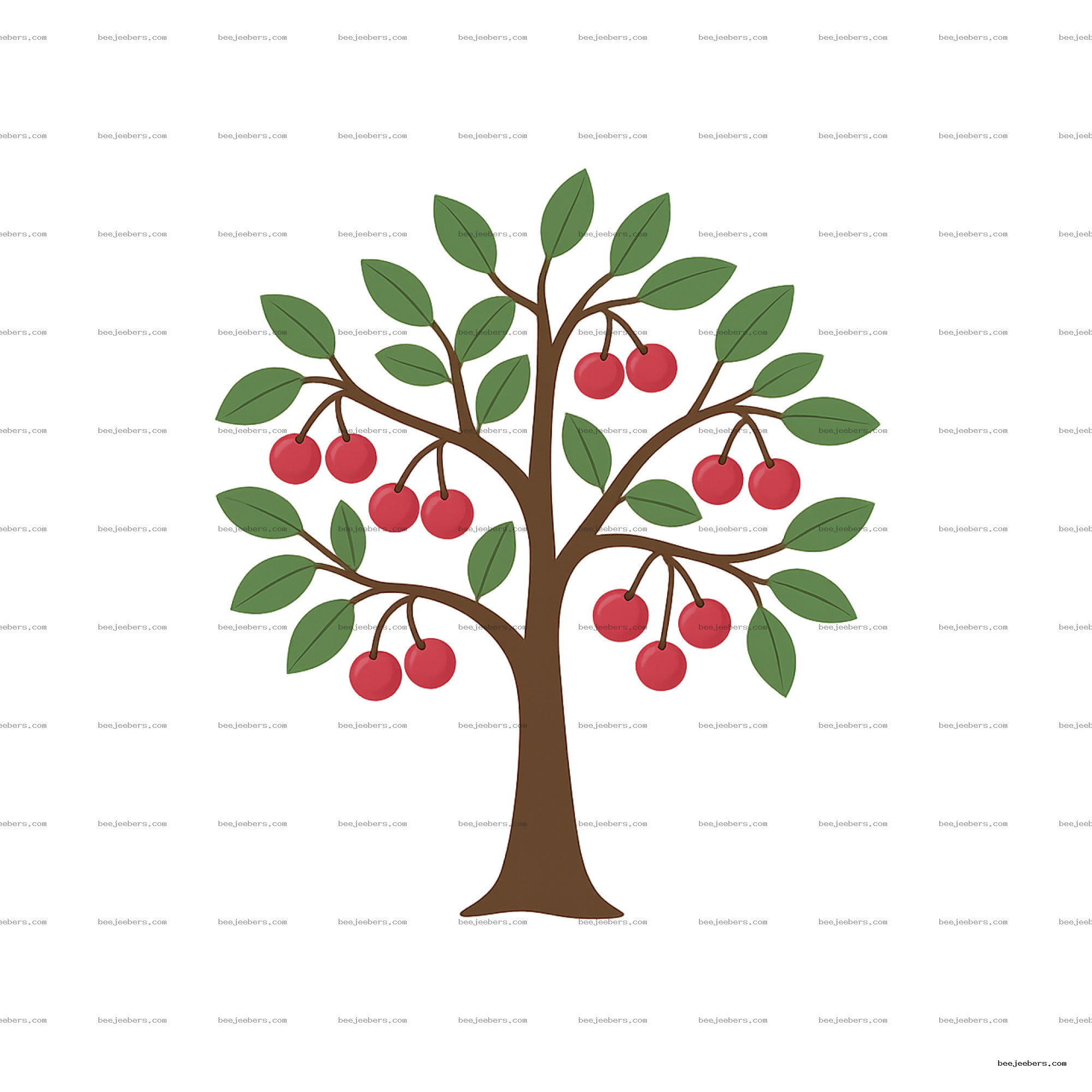Clean vector cherry tree PNG with green leaves and red cherries on transparent background