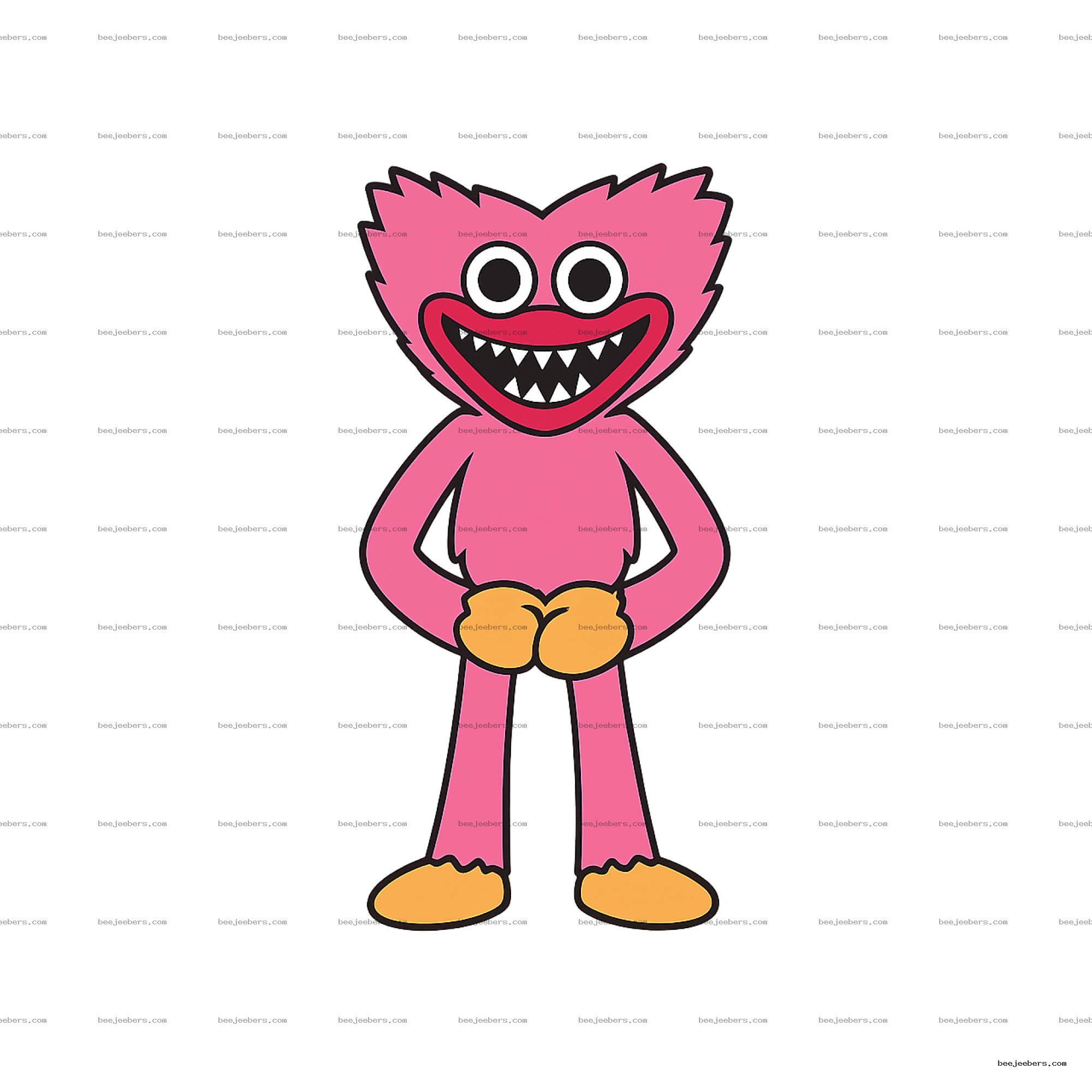 Pink cartoon creature with big eyes, sharp teeth smile, orange hands and feet, on transparent background