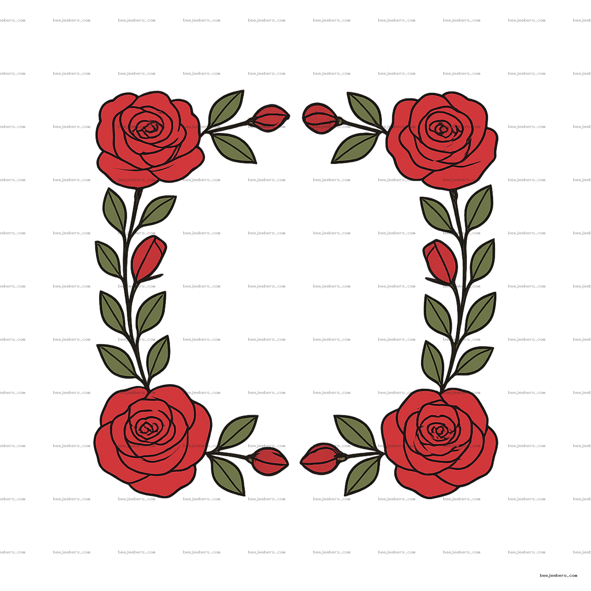 Clean vector red rose flower border with green leaves and buds on transparent background