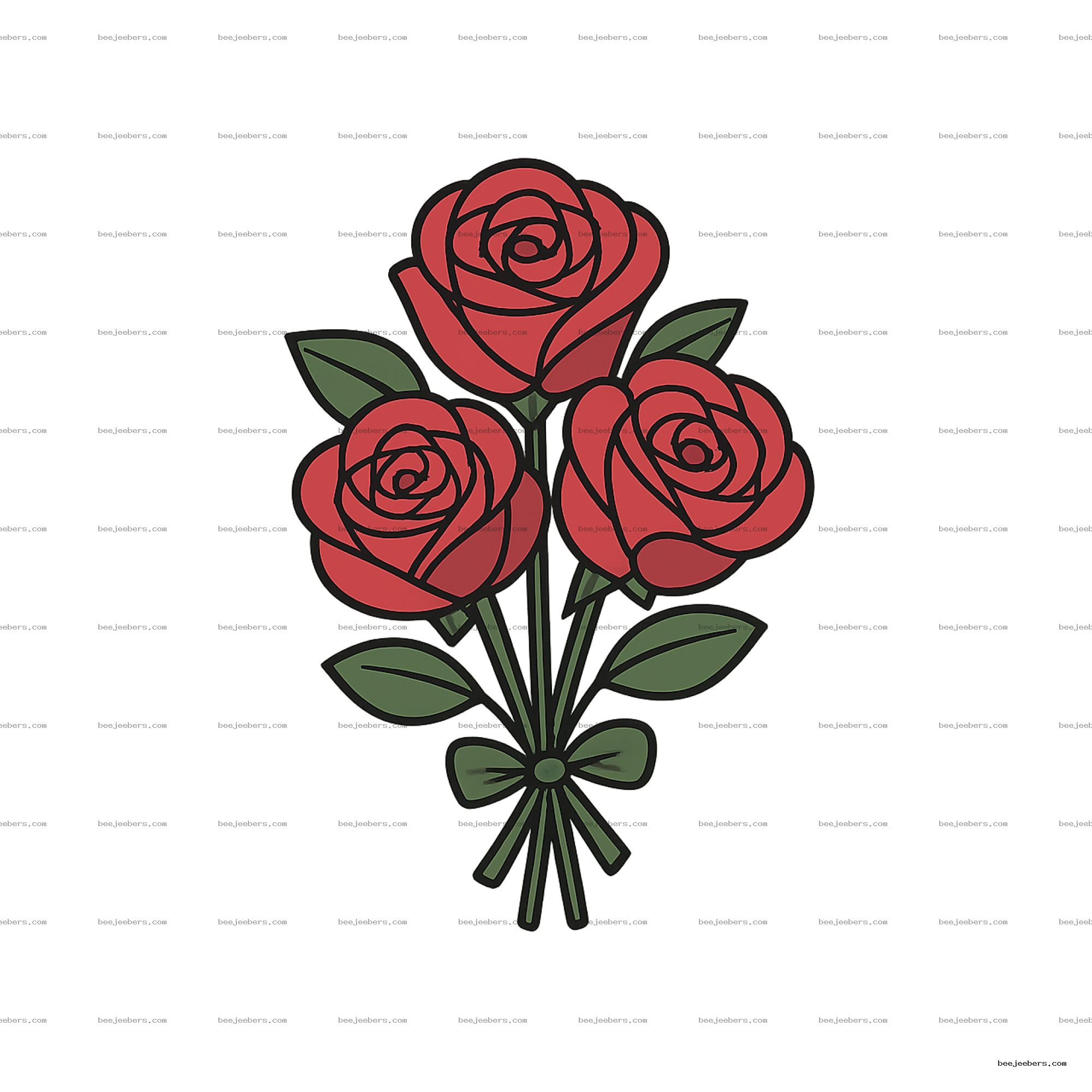 Vector illustration of a bouquet of three red roses with green leaves and bow on transparent background