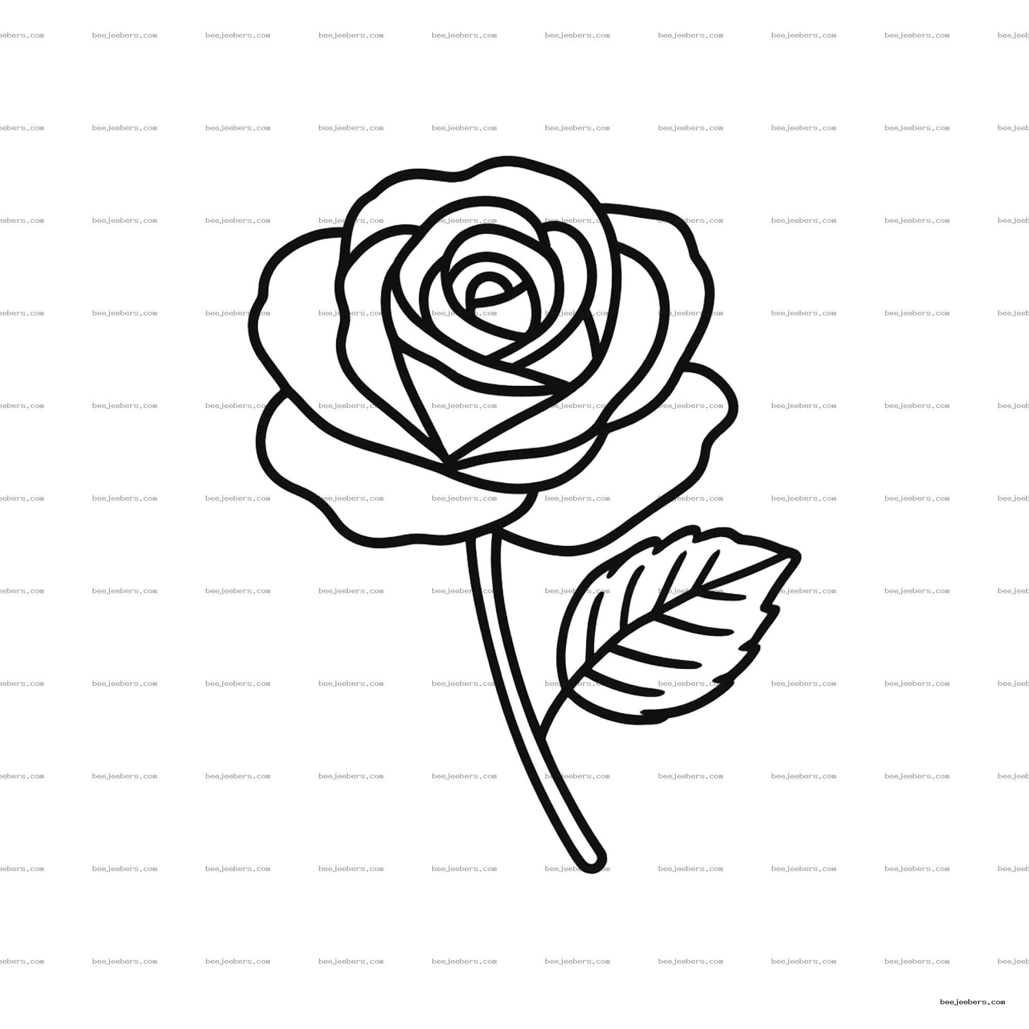 Clean black outline of a single rose with stem and leaf on transparent background