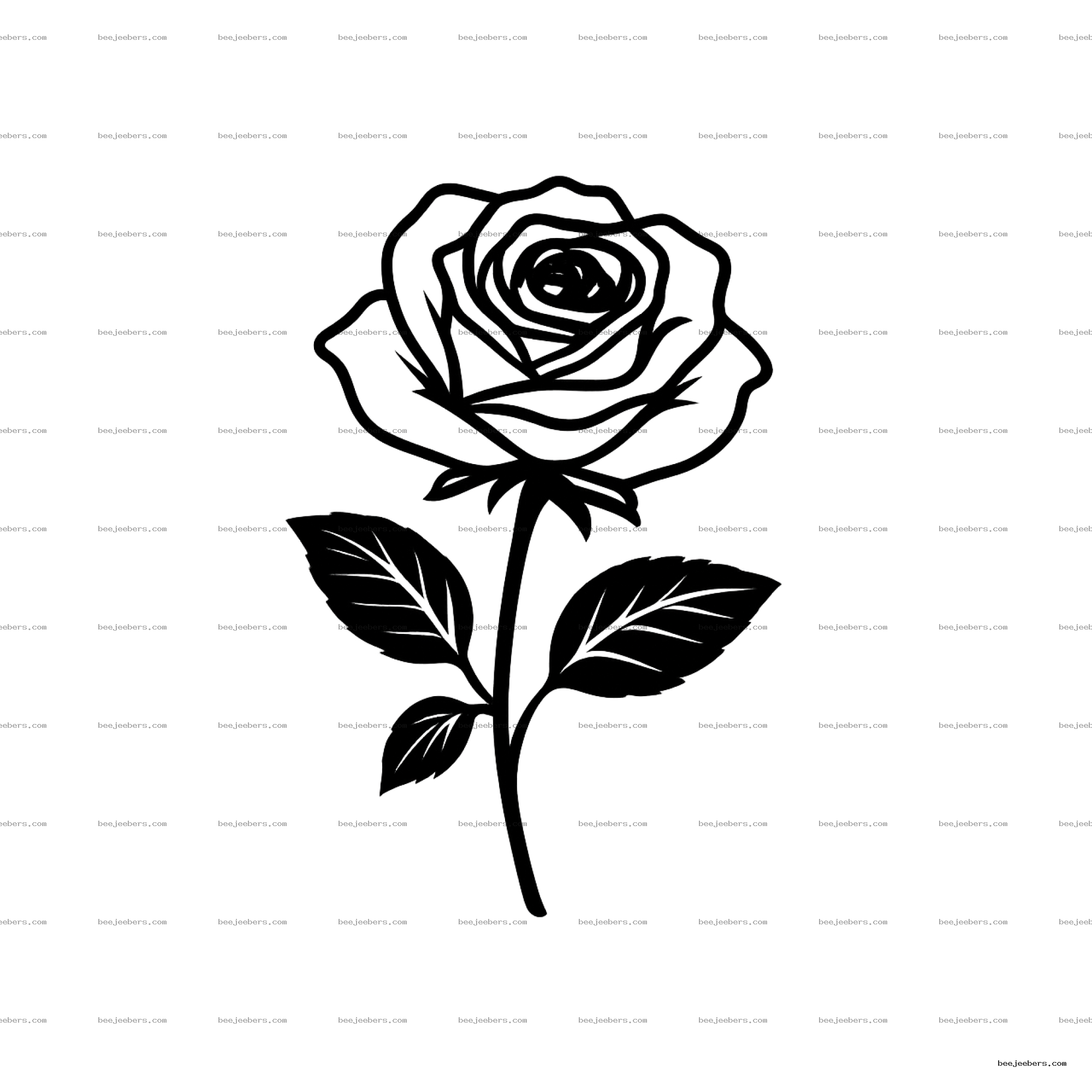 Black and white clean vector line art of a rose flower with stem and leaves on transparent background