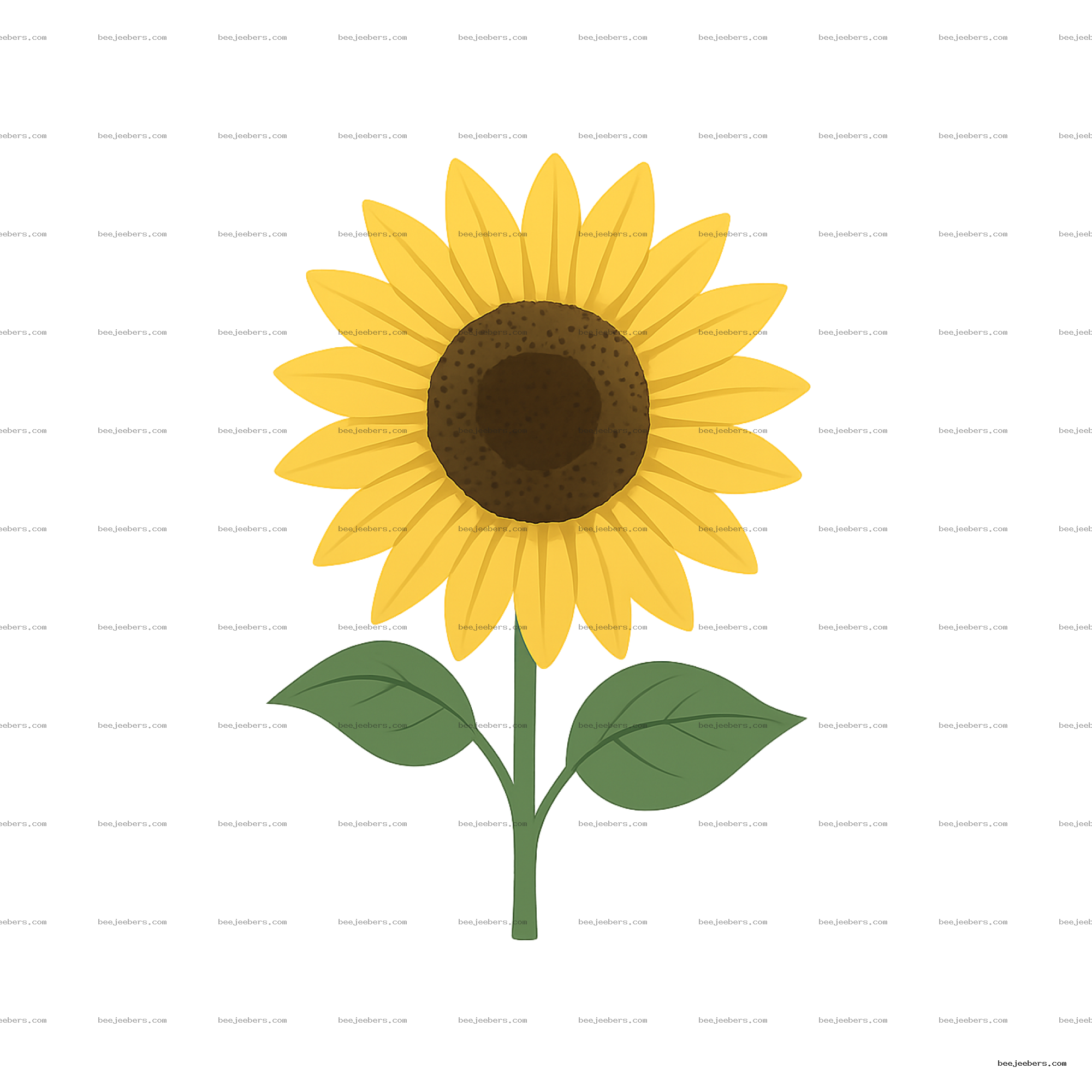 Bright yellow sunflower with brown center and green leaves on transparent background clipart