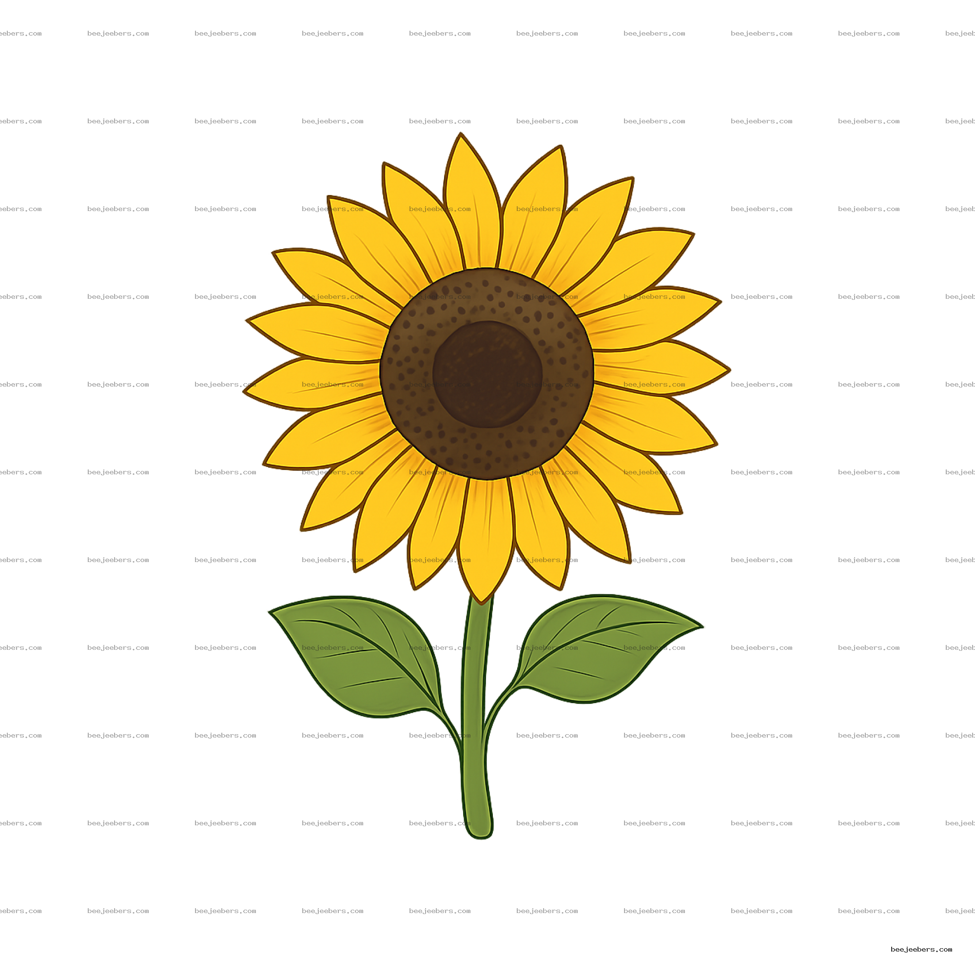 Bright yellow sunflower vector illustration with brown center and green leaves on transparent background