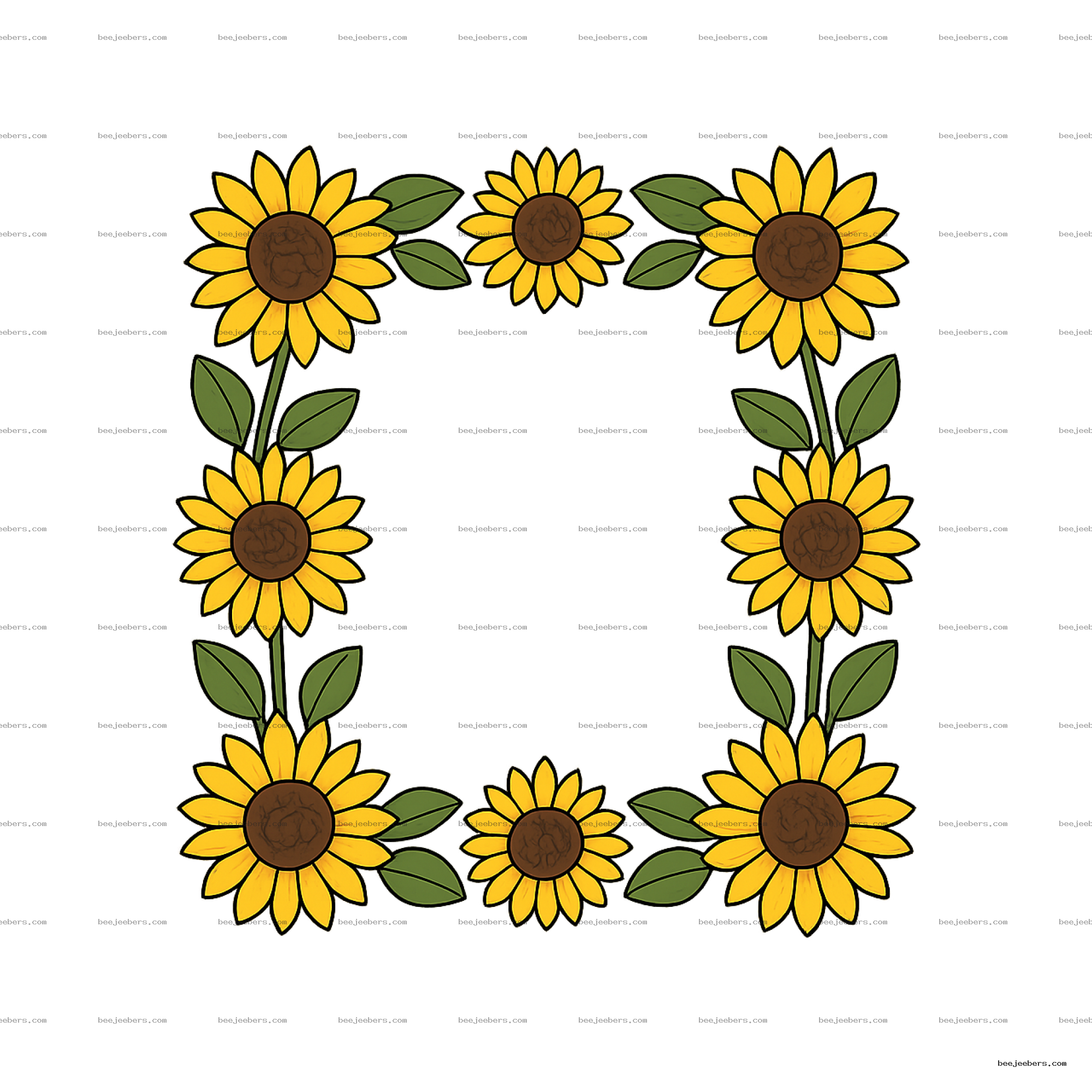 Circular sunflower floral border clipart with yellow petals and green leaves on transparent background