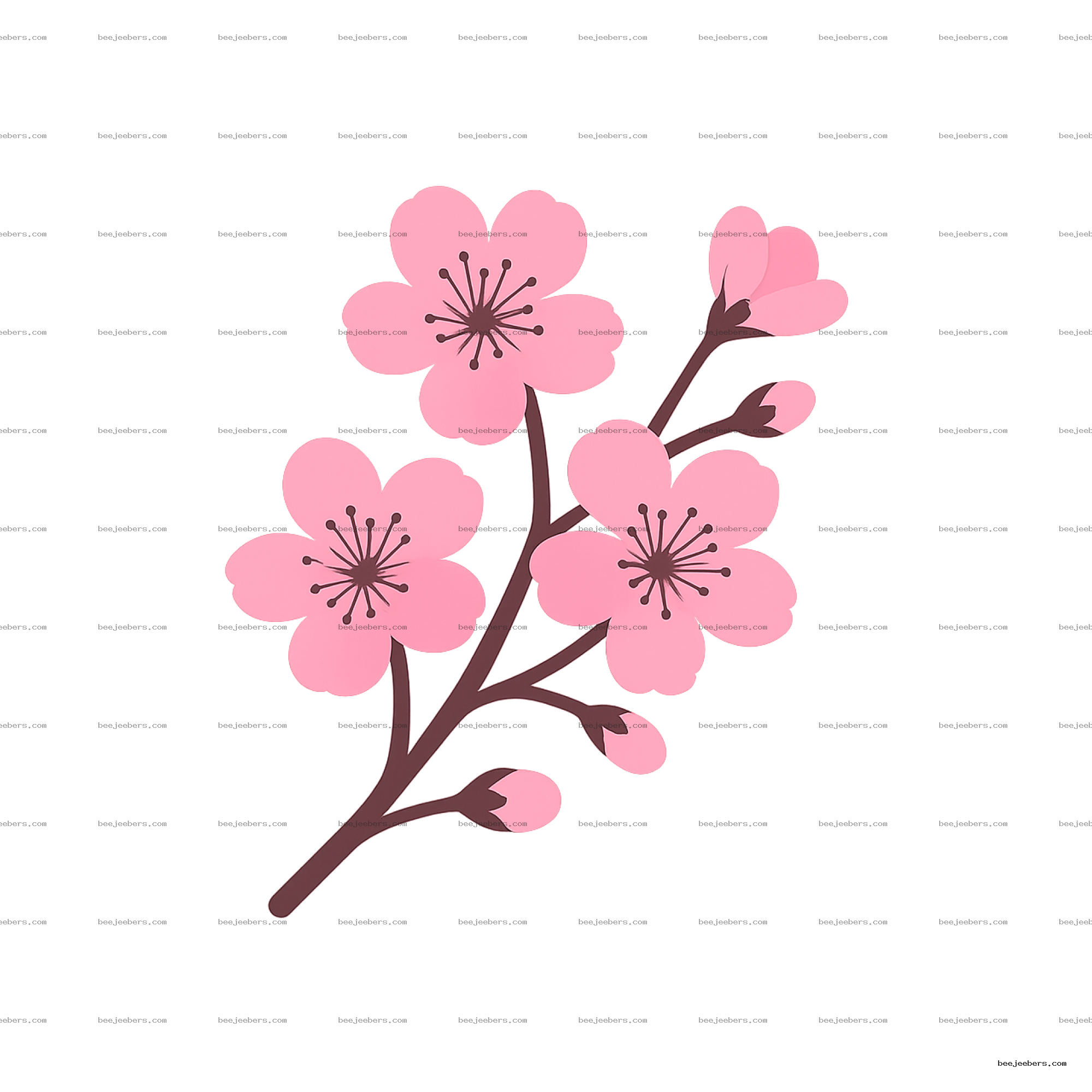 Clean vector cherry blossom branch with pink flowers and buds on transparent background