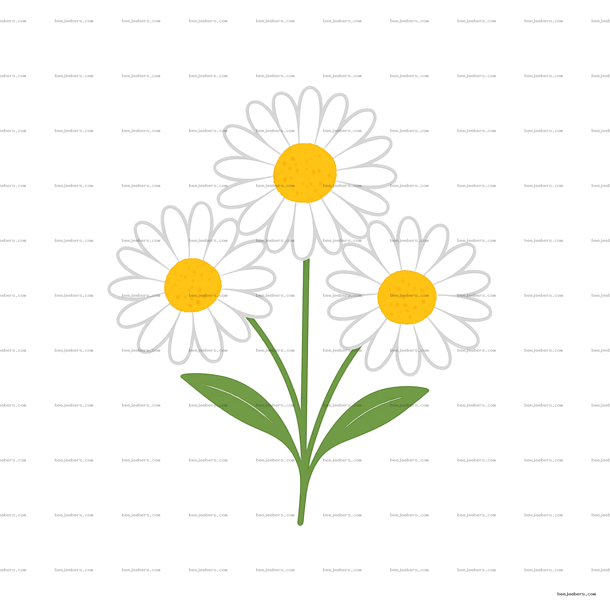 Three clean vector daisies with white petals and yellow centers on green stems, transparent background