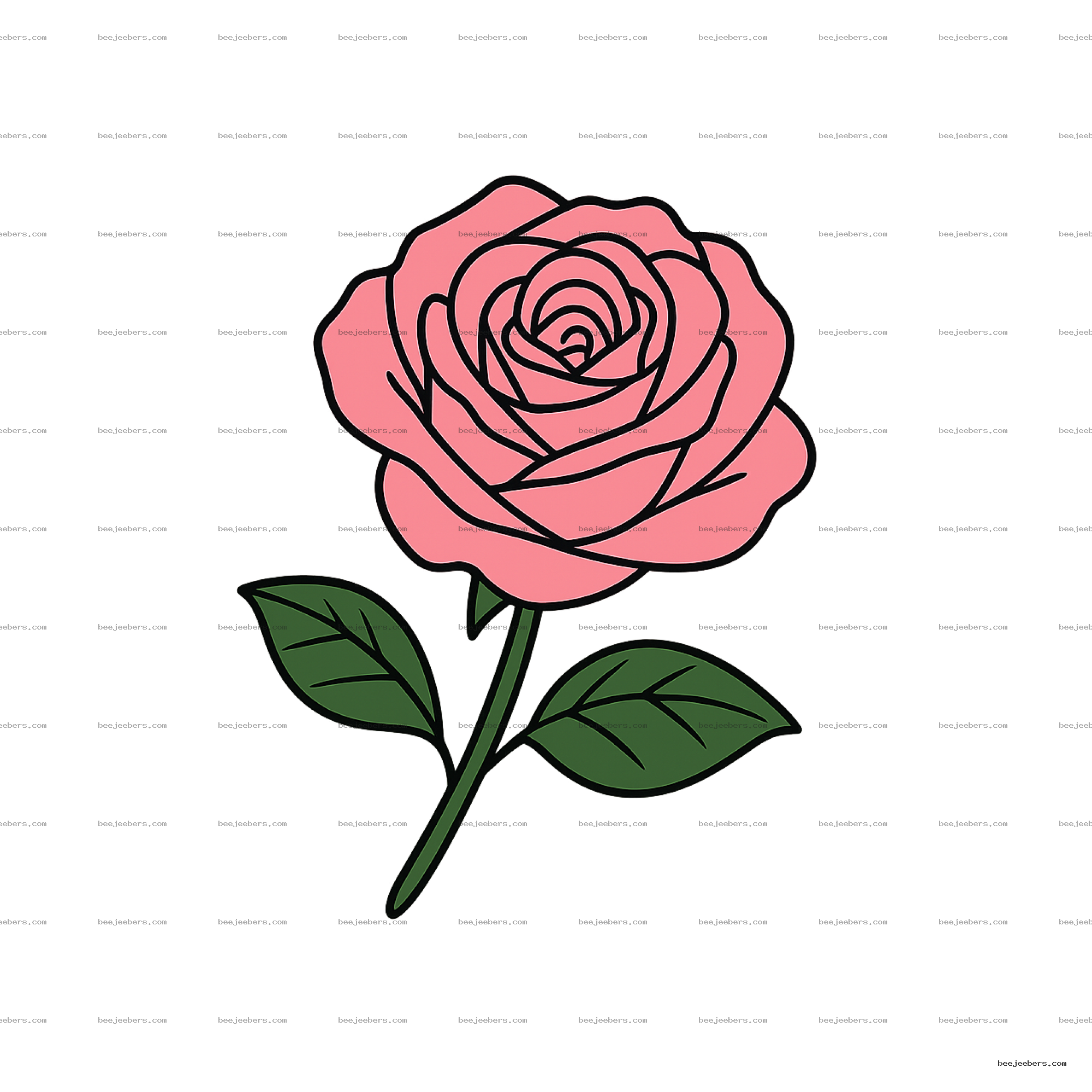Clean vector pink rose flower with green leaves on transparent background digital PNG