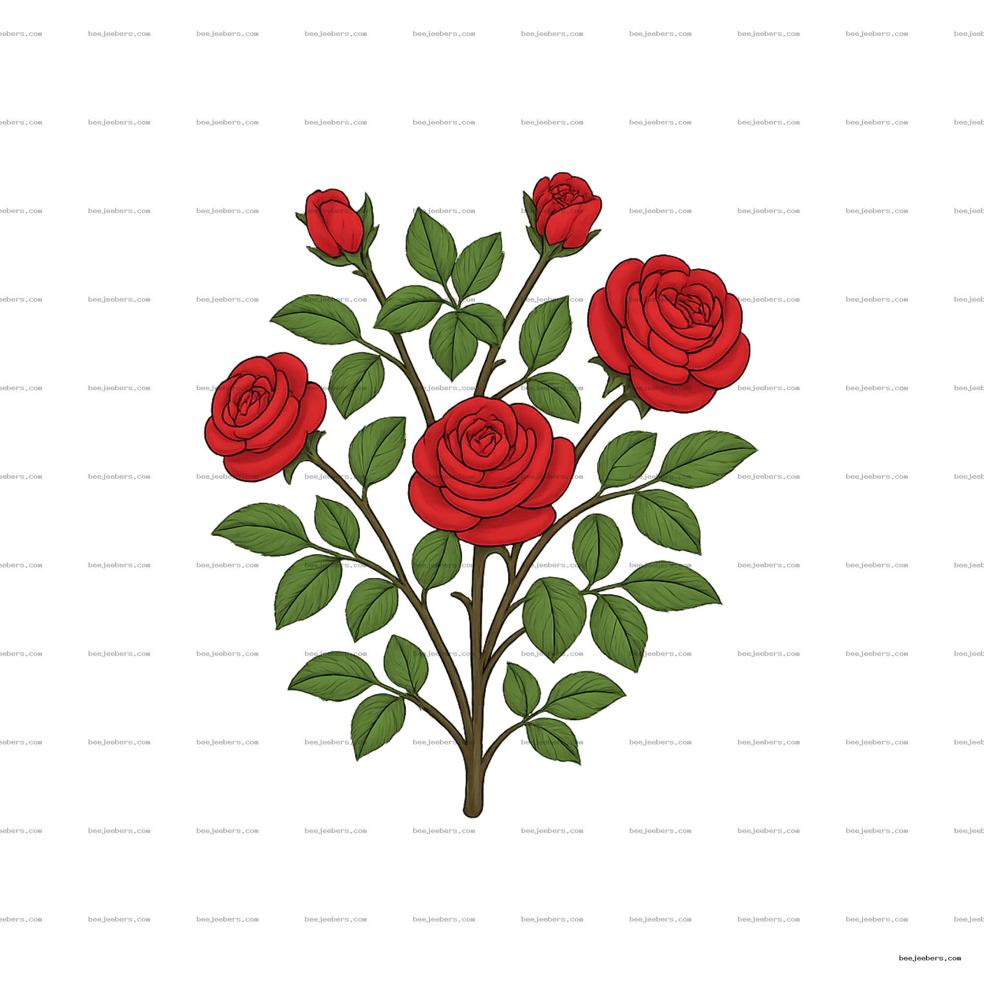 Clean vector PNG of a red rose bush with multiple blooms and green leaves on transparent background