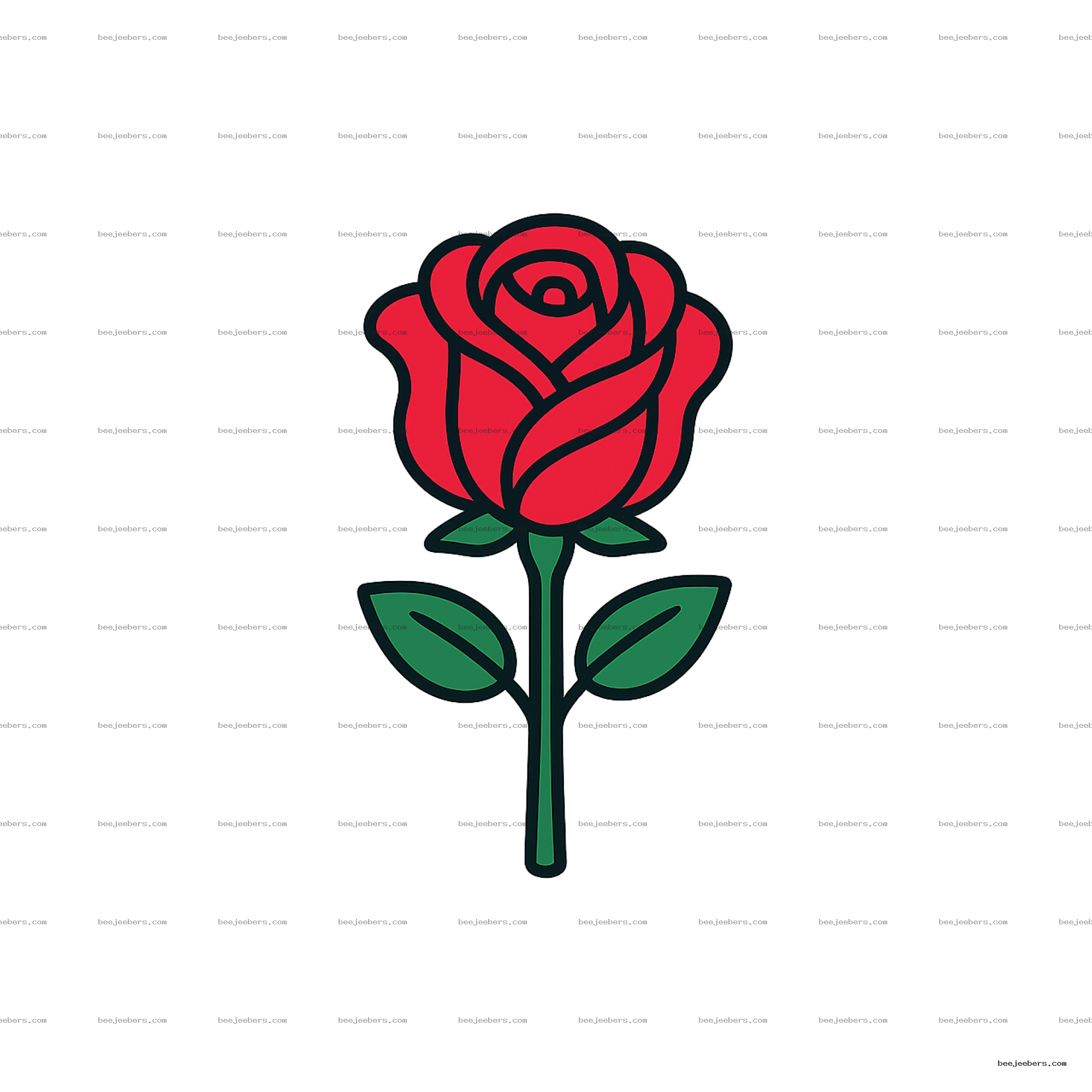 Clean red rose icon with green stem and leaves on transparent background
