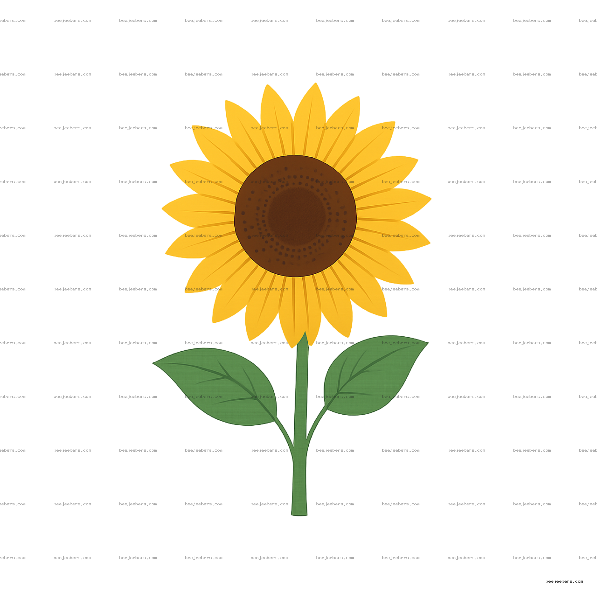 Clean vector illustration of a sunflower with yellow petals, brown center, green stem, and two leaves on transparent background