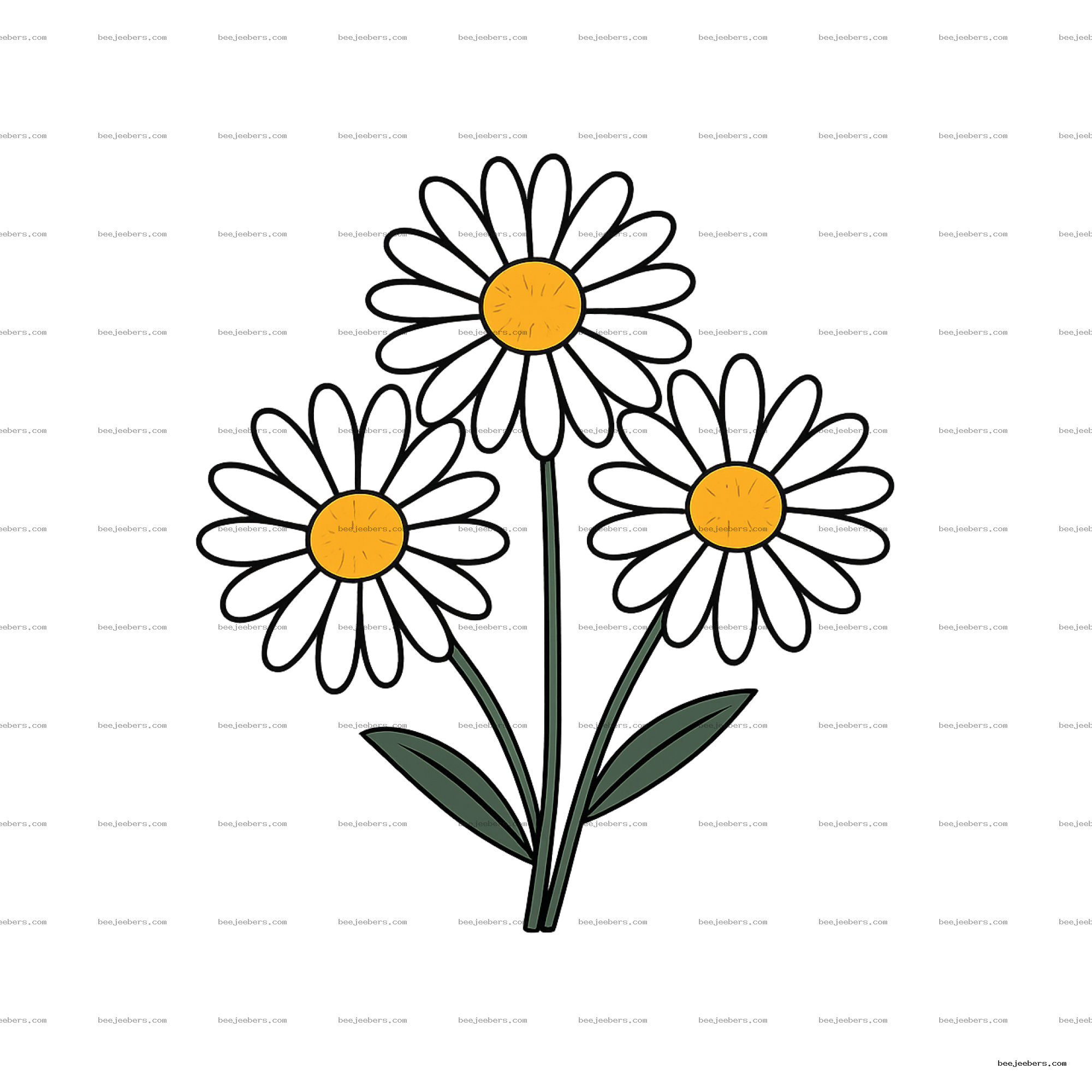 Three transparent daisies with yellow centers and black outlined petals on green stems