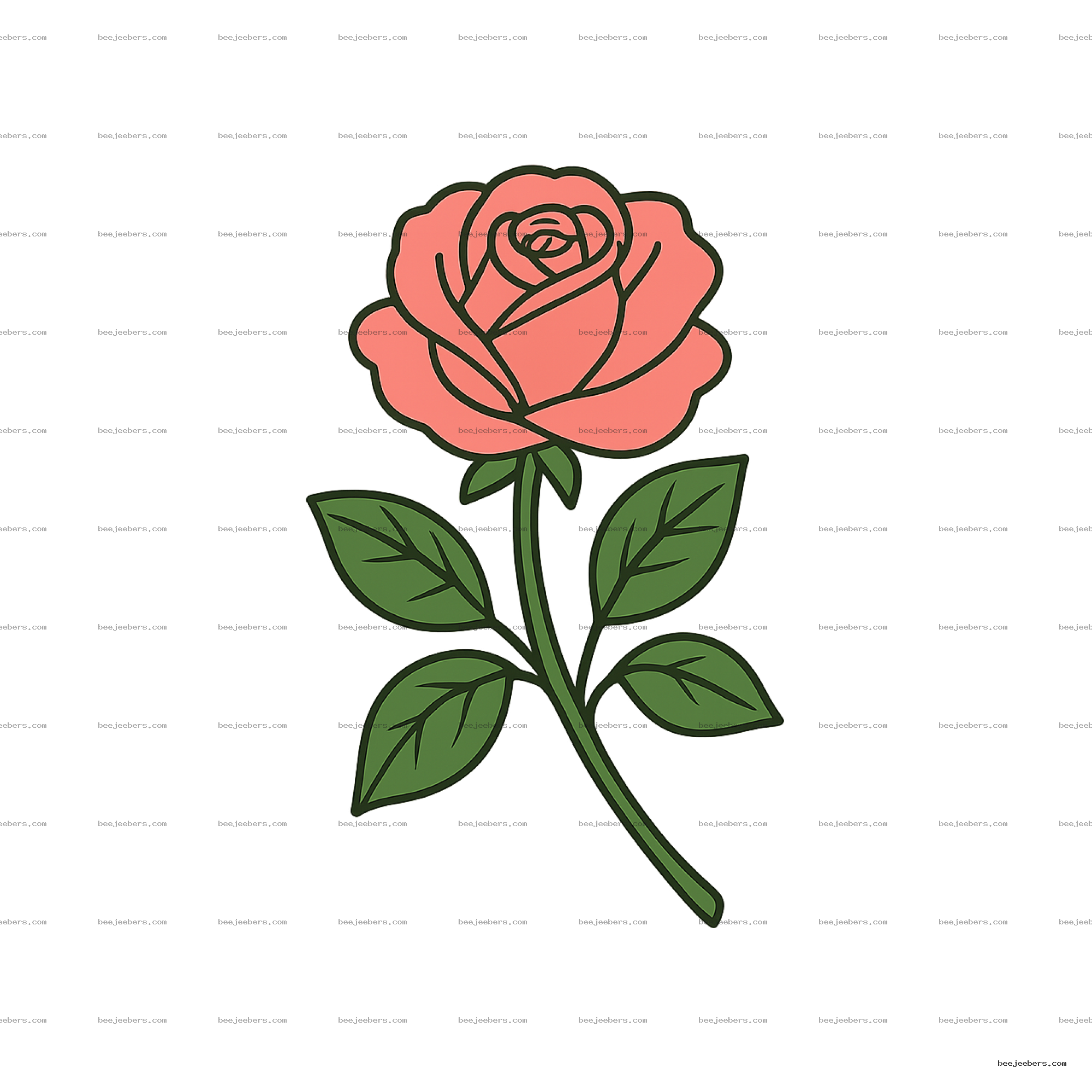 Clean vector illustration of a pink rose with green stem and leaves on transparent background