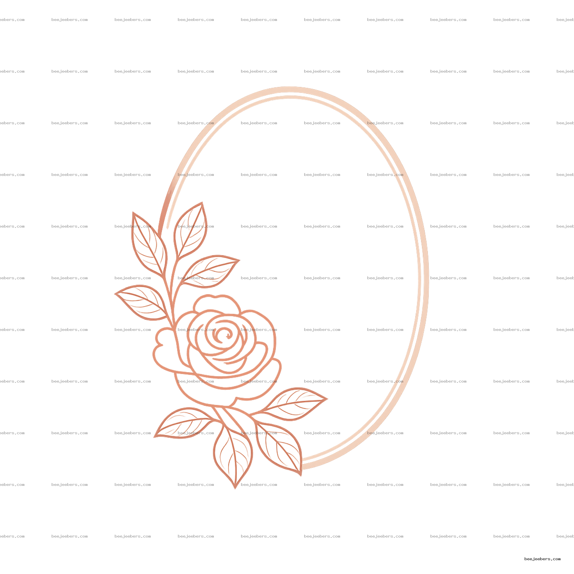 Rose gold oval frame decorated with a simple rose and leaves on transparent background PNG