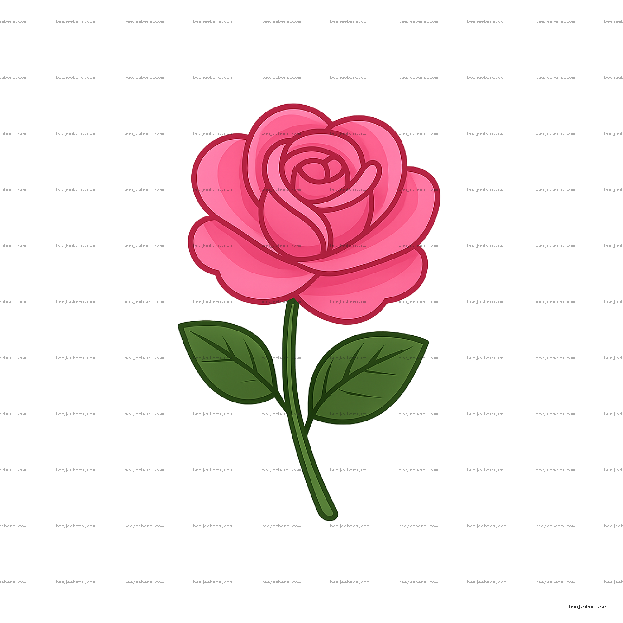 Clean vector pink rose flower with green leaves on transparent background