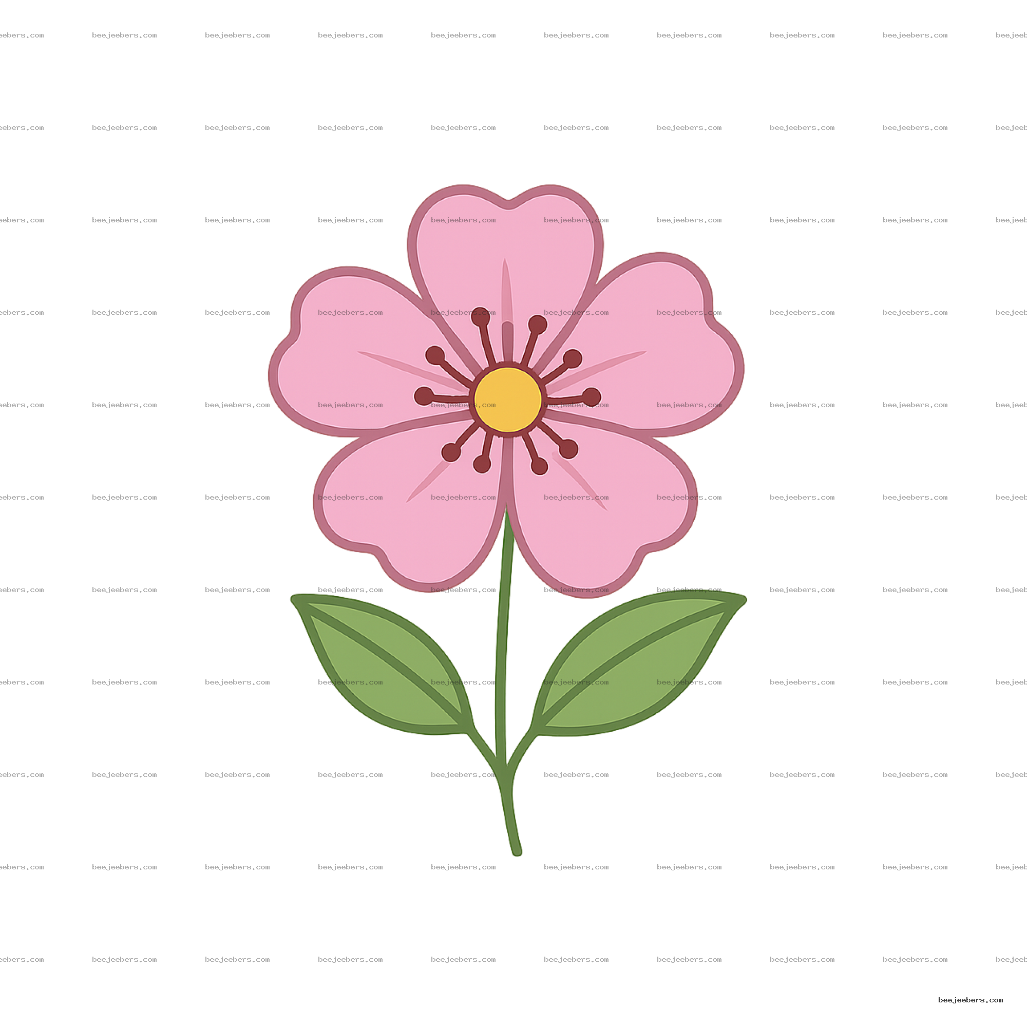 Clean vector illustration of a pink flower with five petals and green leaves on transparent background