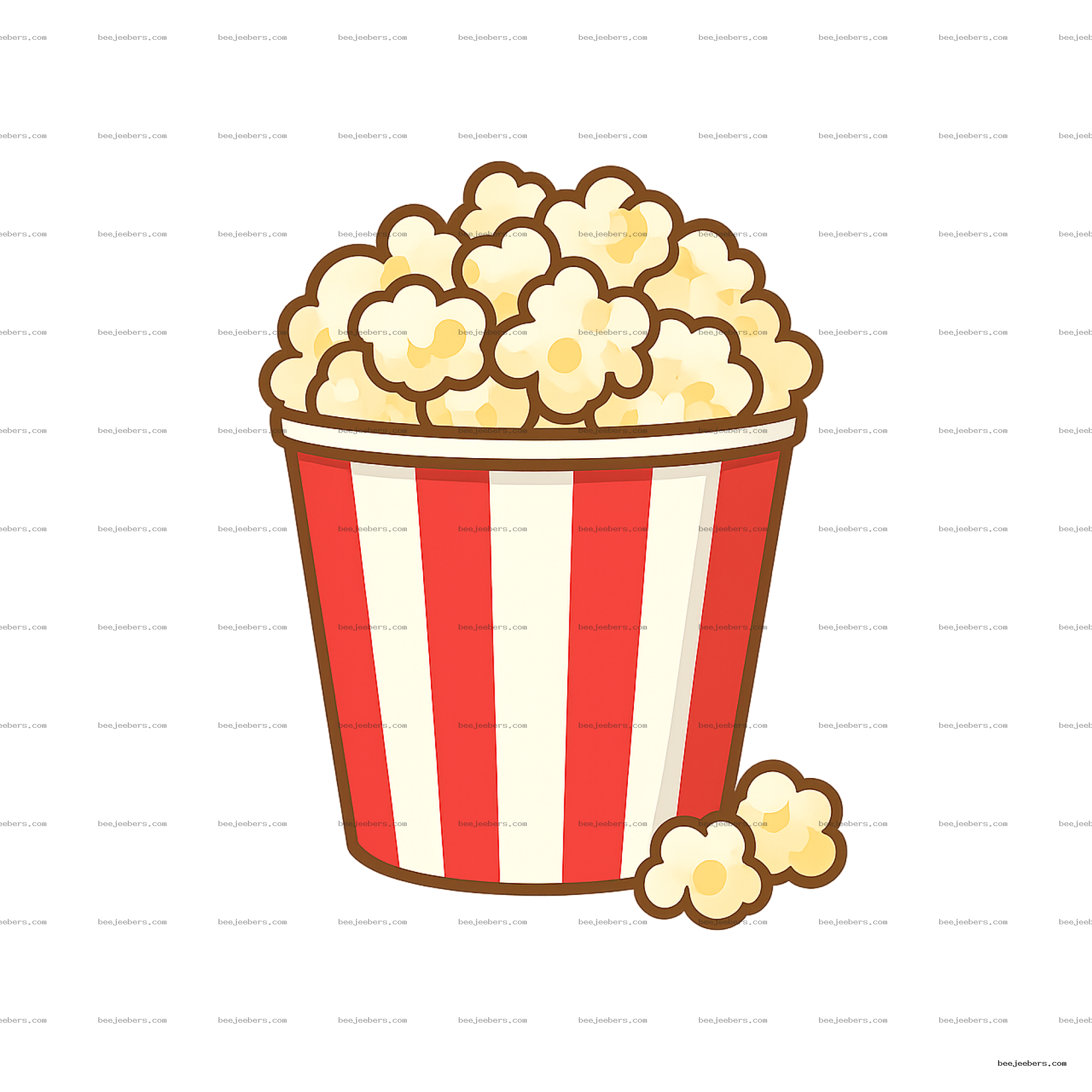 Popcorn overflowing from a red and white striped bucket in clean vector style with transparent background
